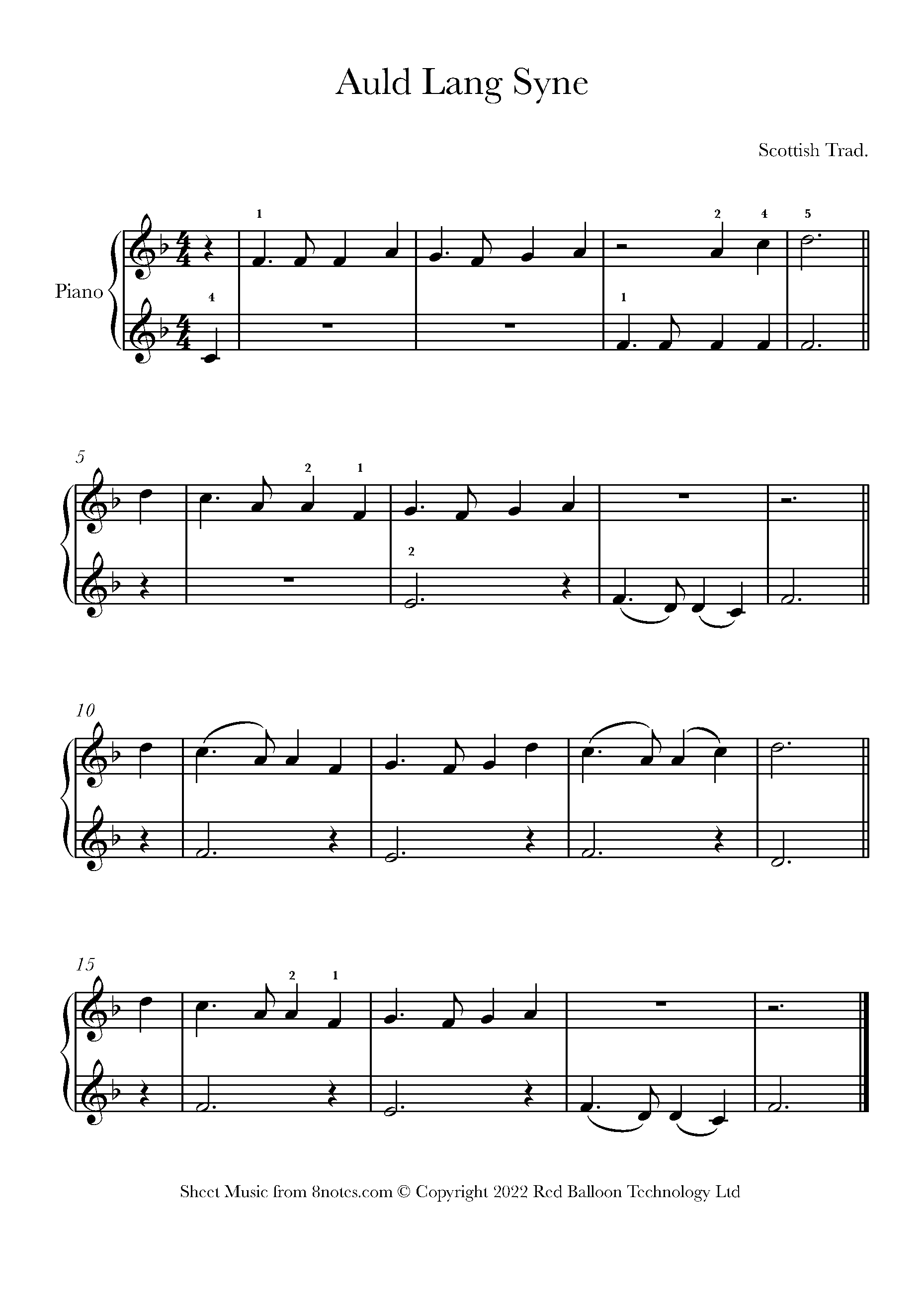 Auld Lang Syne (Beginner) Sheet music for Piano - 8notes.com