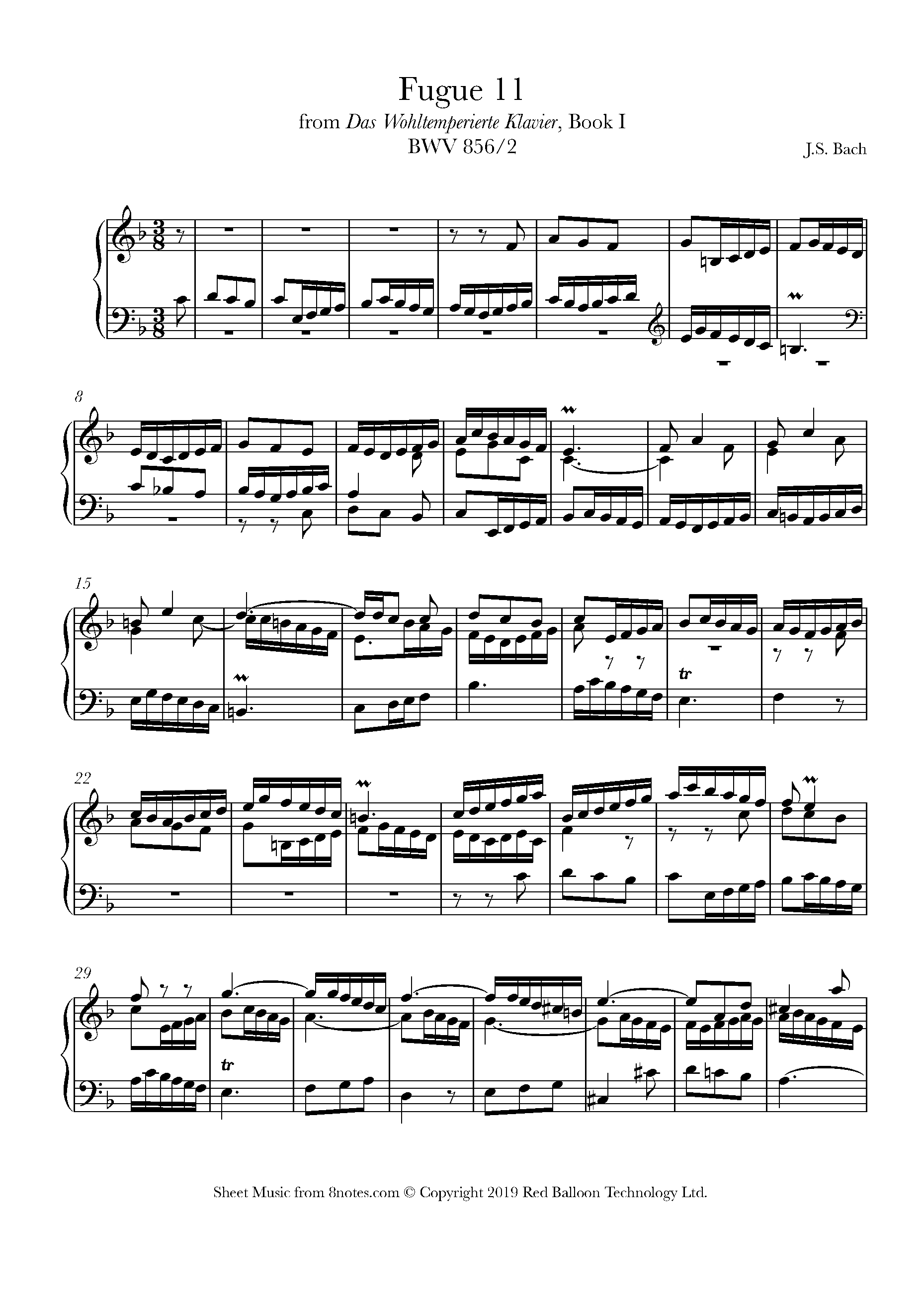 Bach - Fugue No.11 from Das Wohltemperierte Klavier, BWV 856/2 Sheet