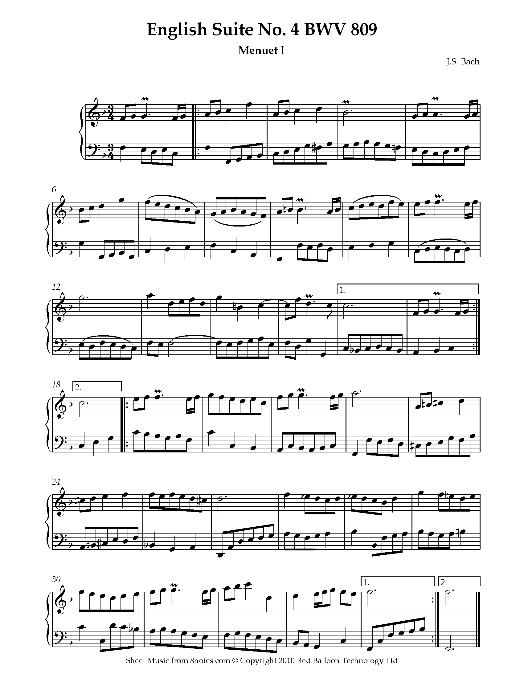 Bach - English Suite No. 4 BWV 809 Menuet I Sheet music for Piano ...