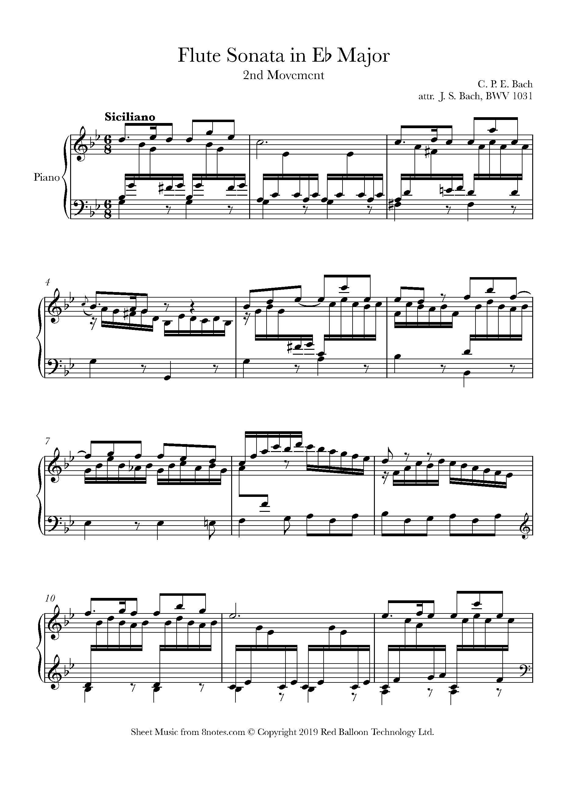 Bach - Flute Sonata in Eb Major, BWV 1031, Second Movement Sheet music ...