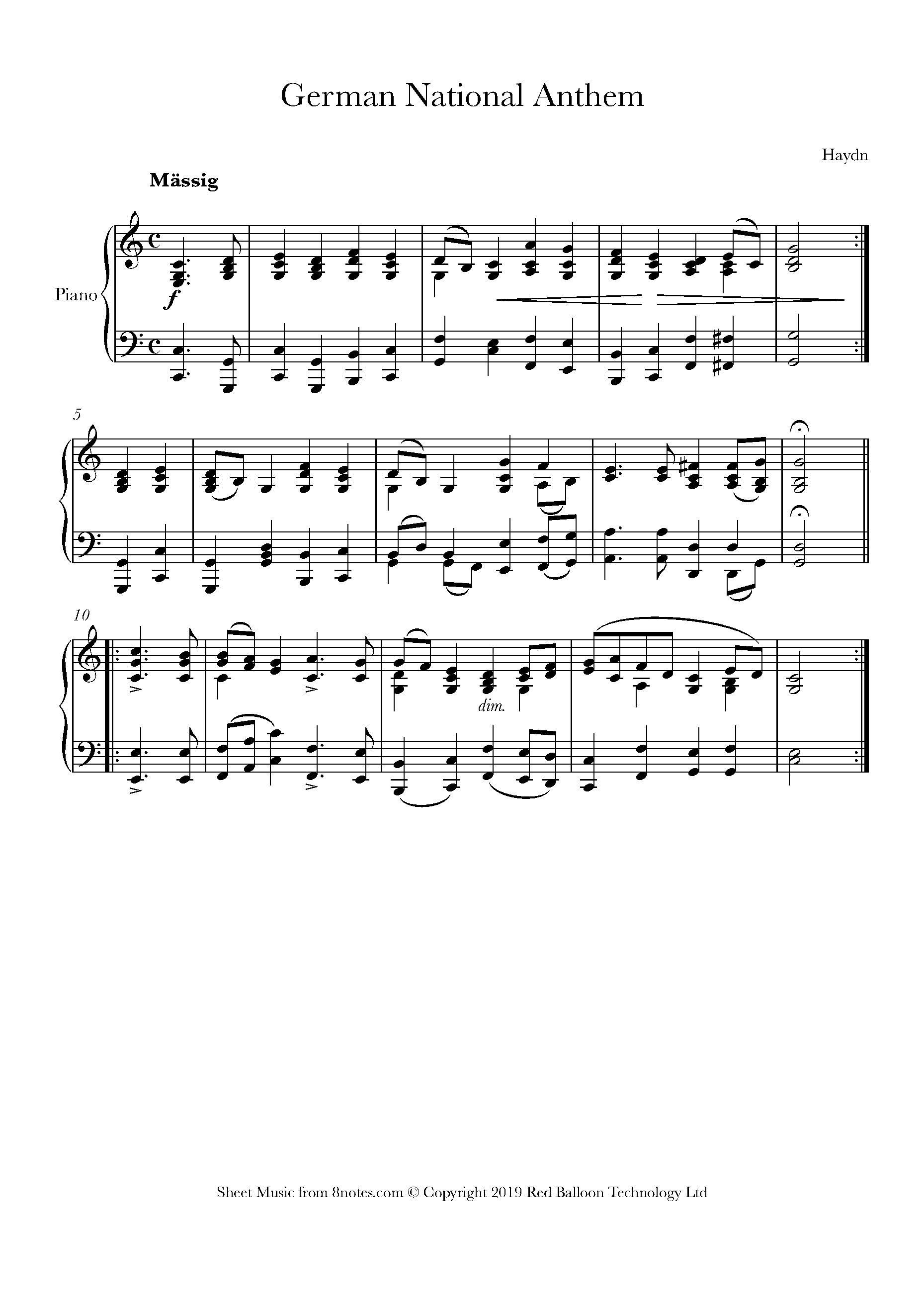 Franz Josef Haydn Deutschlandlied German National Anthem Sheet Music For Piano 8notes Com