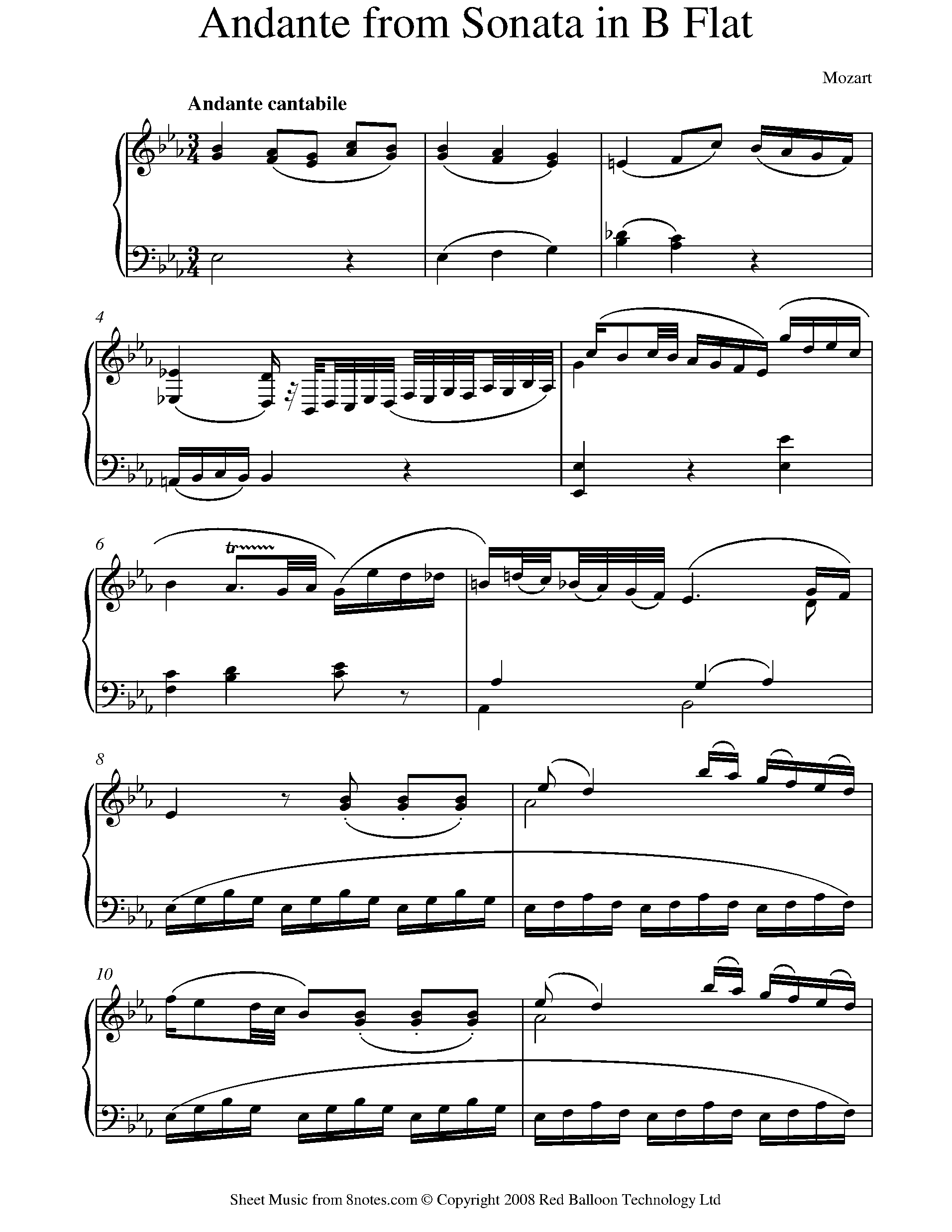 Mozart Andante Cantabile From Sonata In Bb Sheet Music For Piano