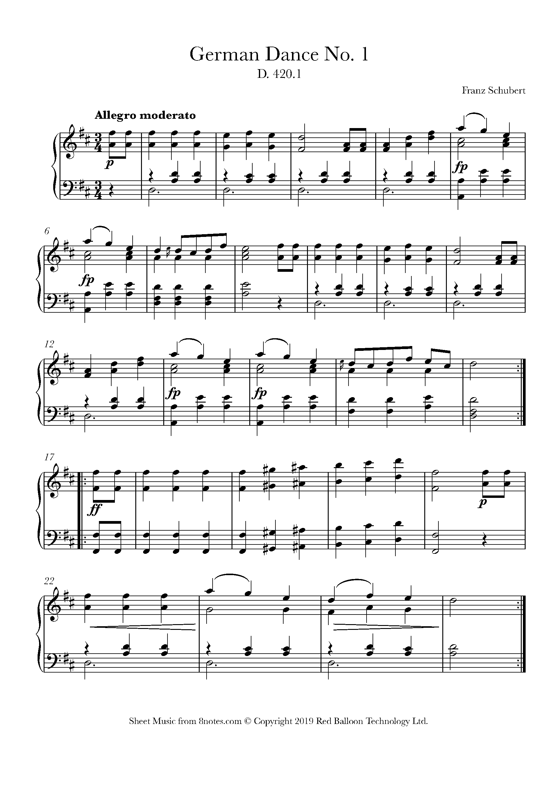 Schubert - German Dance, D.420, No. 1 Sheet music for Piano - 8notes.com