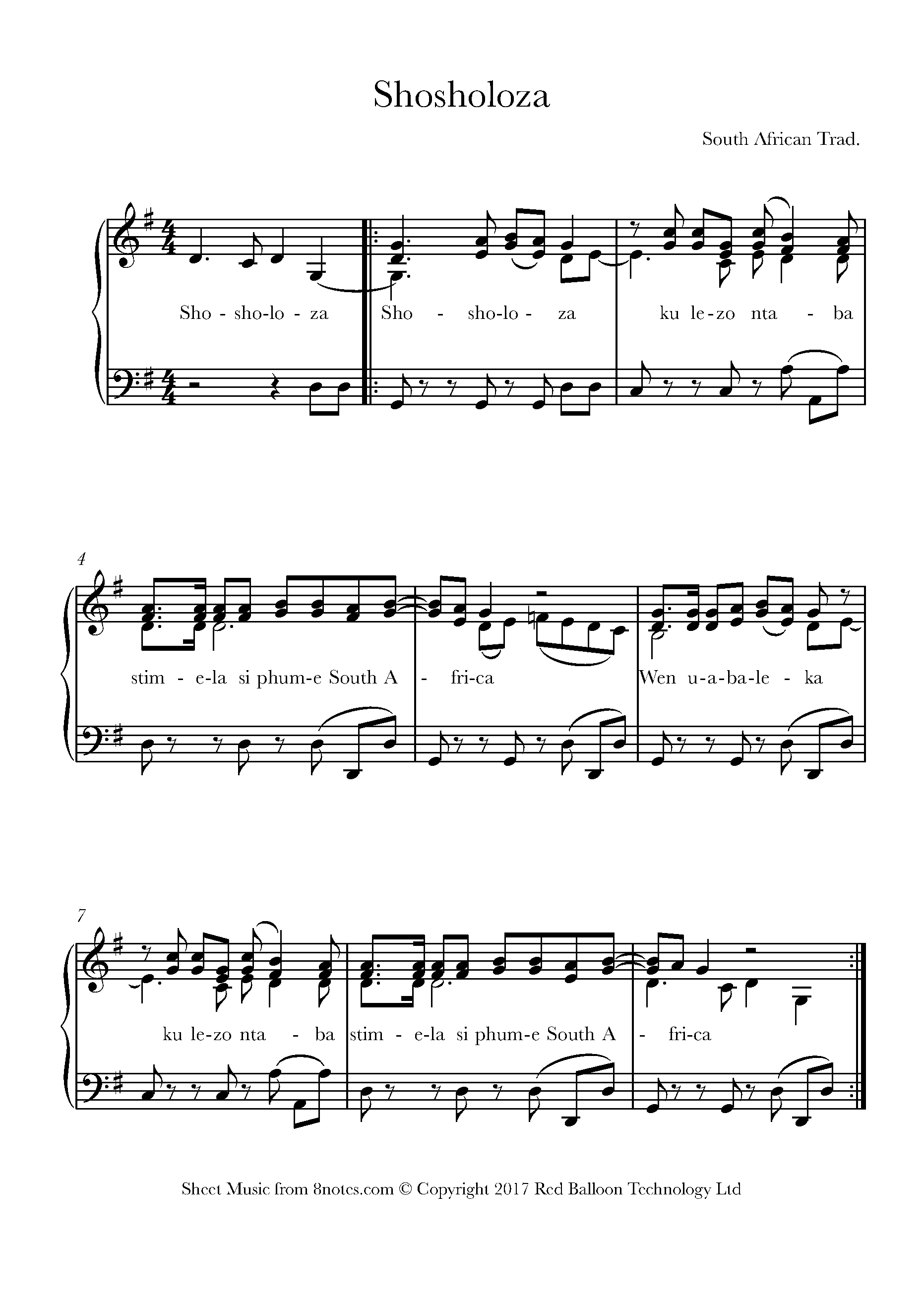 Shosholoza Trad South African Sheet Music For Piano 8notes Com