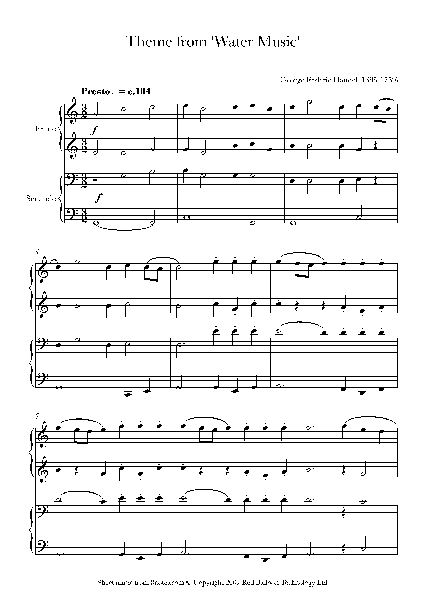 Handel - Theme from Water Music Sheet music for Piano Duet - 8notes.com