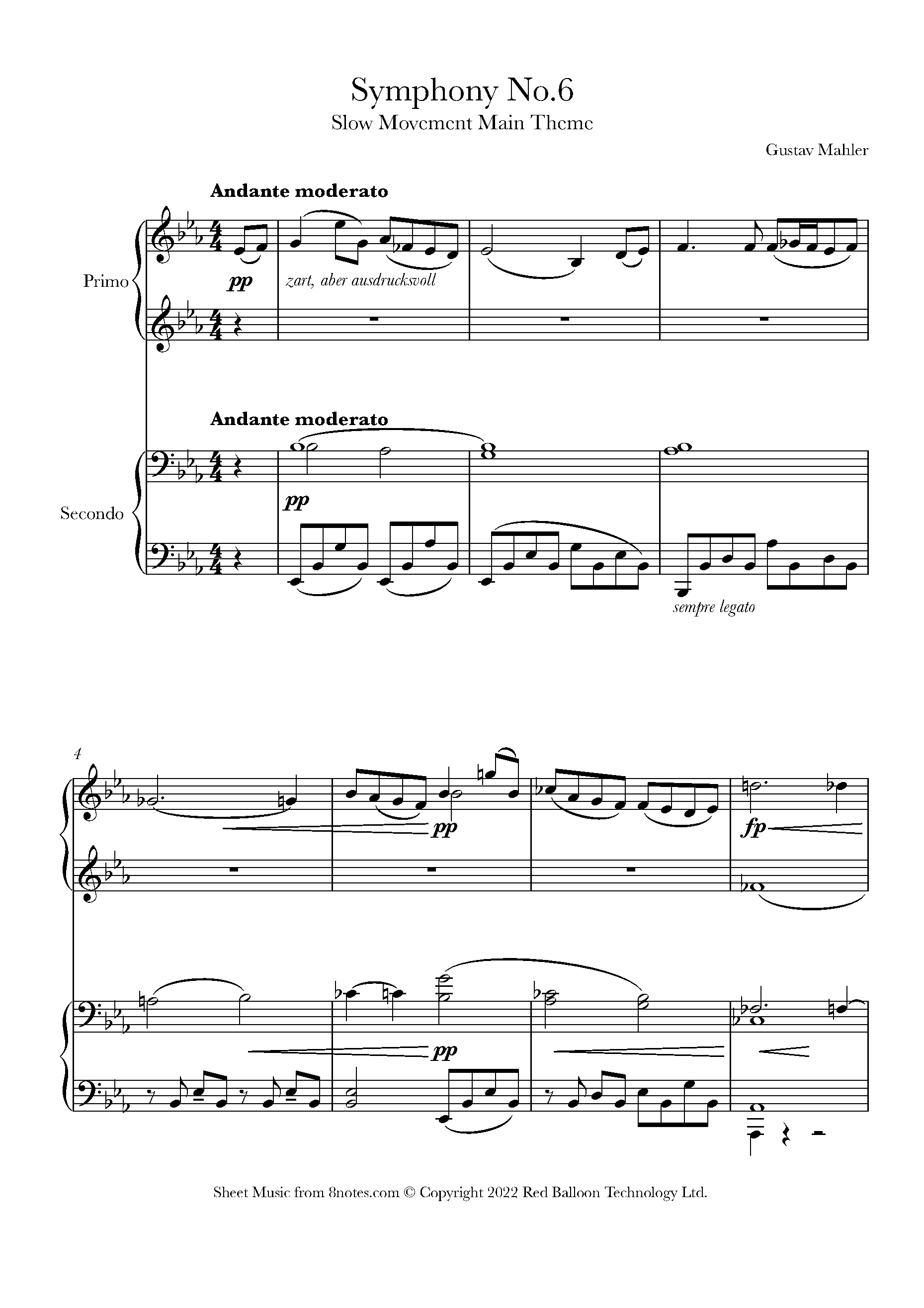 Mahler Symphony No 6 Slow Movement Sheet Music For Piano Duet 