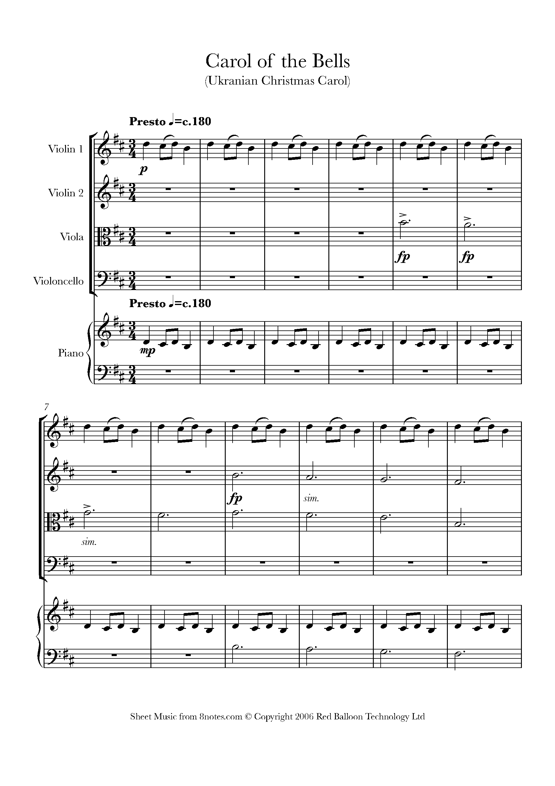 Carol Of The Bells Sheet Music For Piano Quintet - 8notes.com