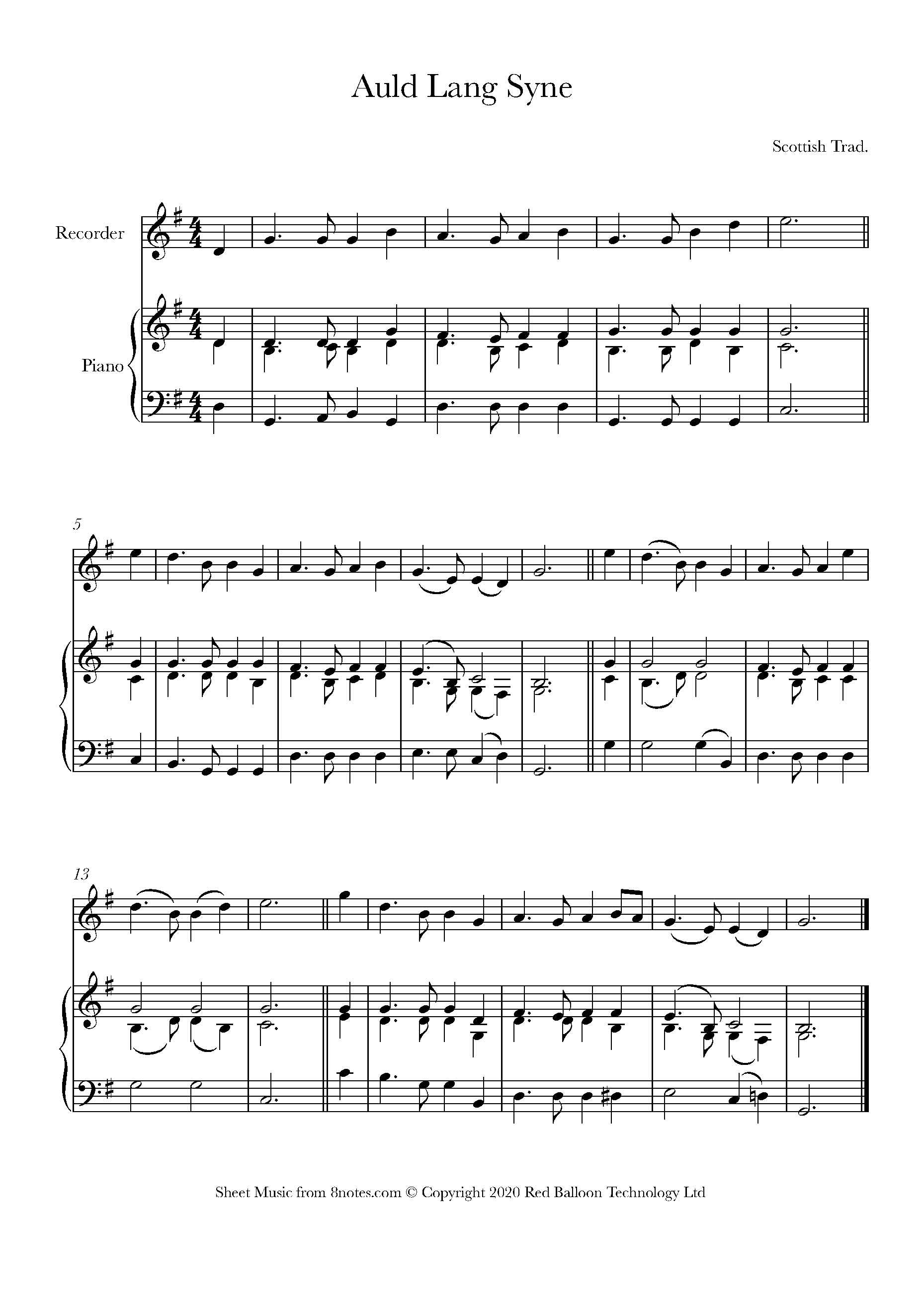 Auld Lang Syne Sheet music for Recorder - 8notes.com