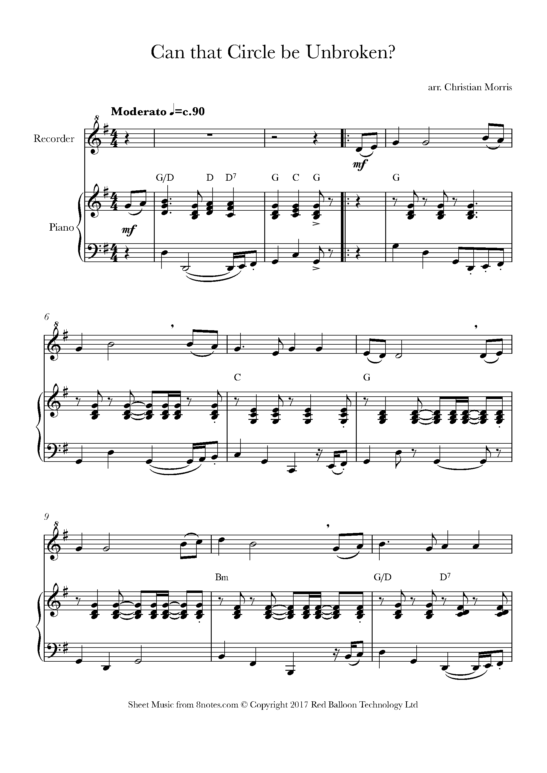 Will The Circle Be Unbroken Sheet Music For Recorder 8notes Com