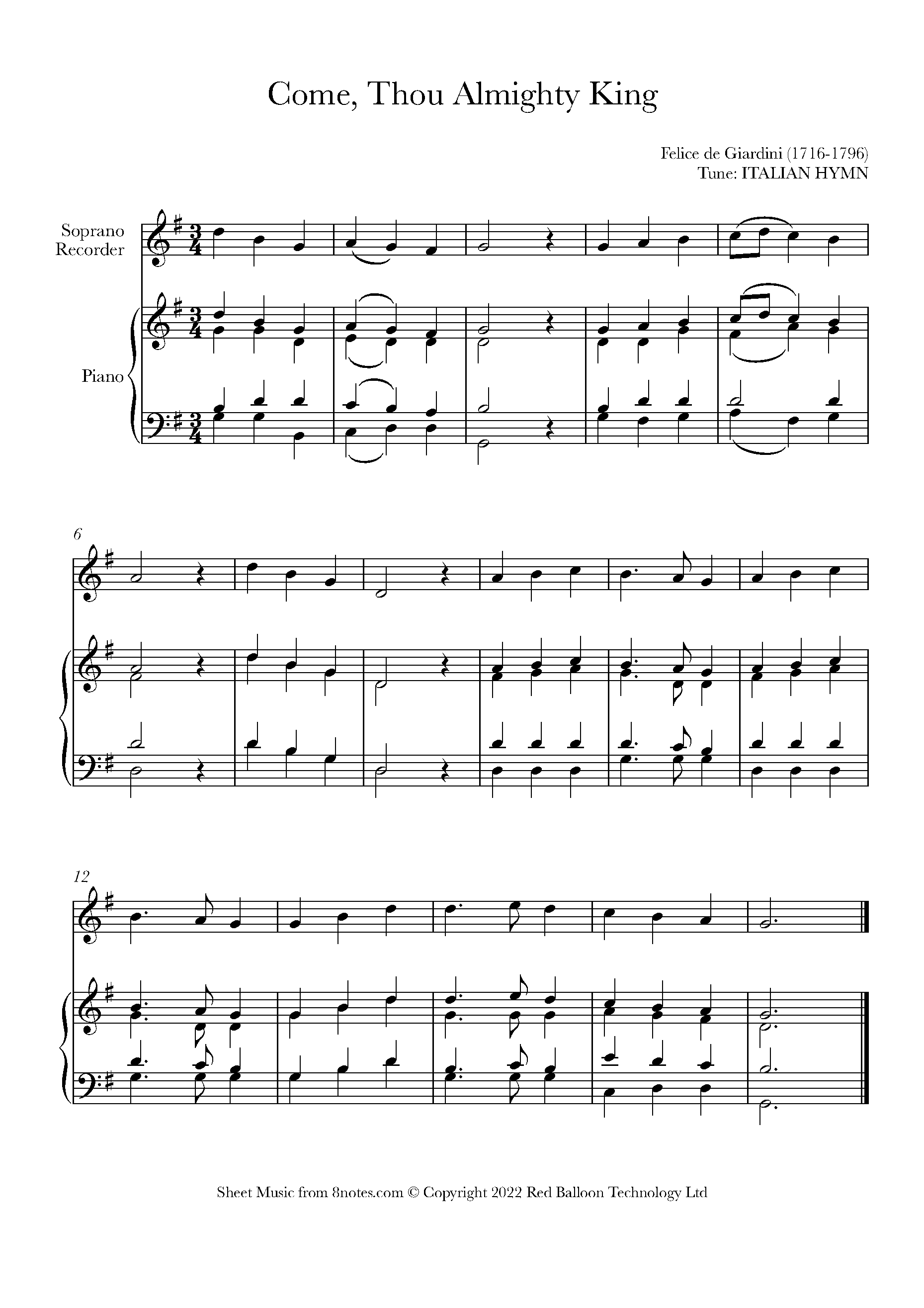 Giardini - Come, Thou Almighty King Sheet music for Recorder - 8notes.com