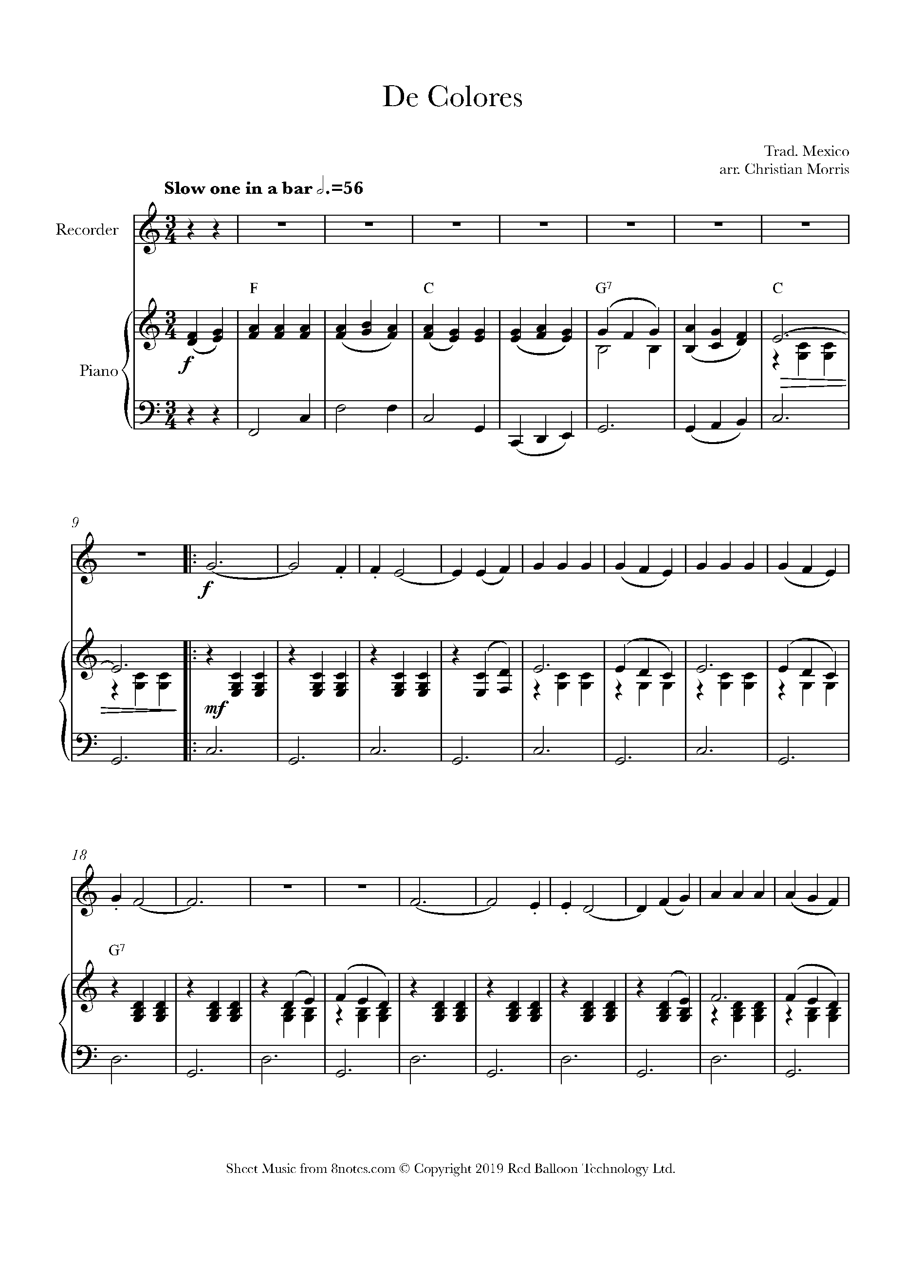 De Colores (Mexican Traditional) Sheet music for Recorder