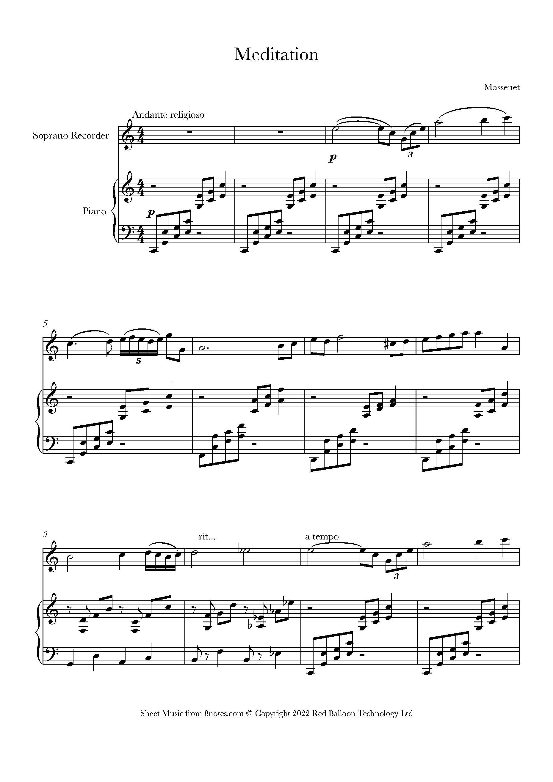 Massenet - Meditation from Thais Sheet music for Recorder - 8notes.com