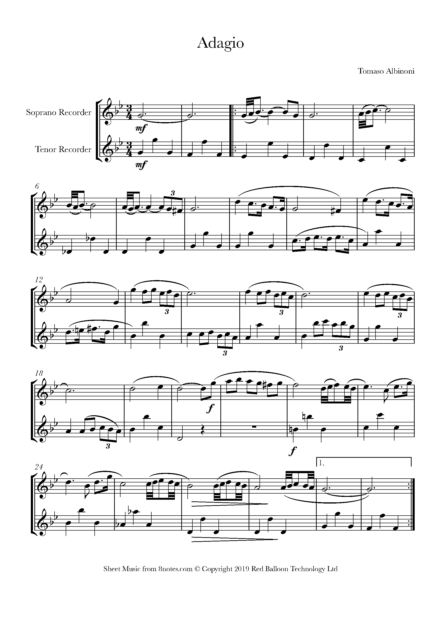 Albinoni - Adagio Sheet music for Recorder Duet - 8notes.com