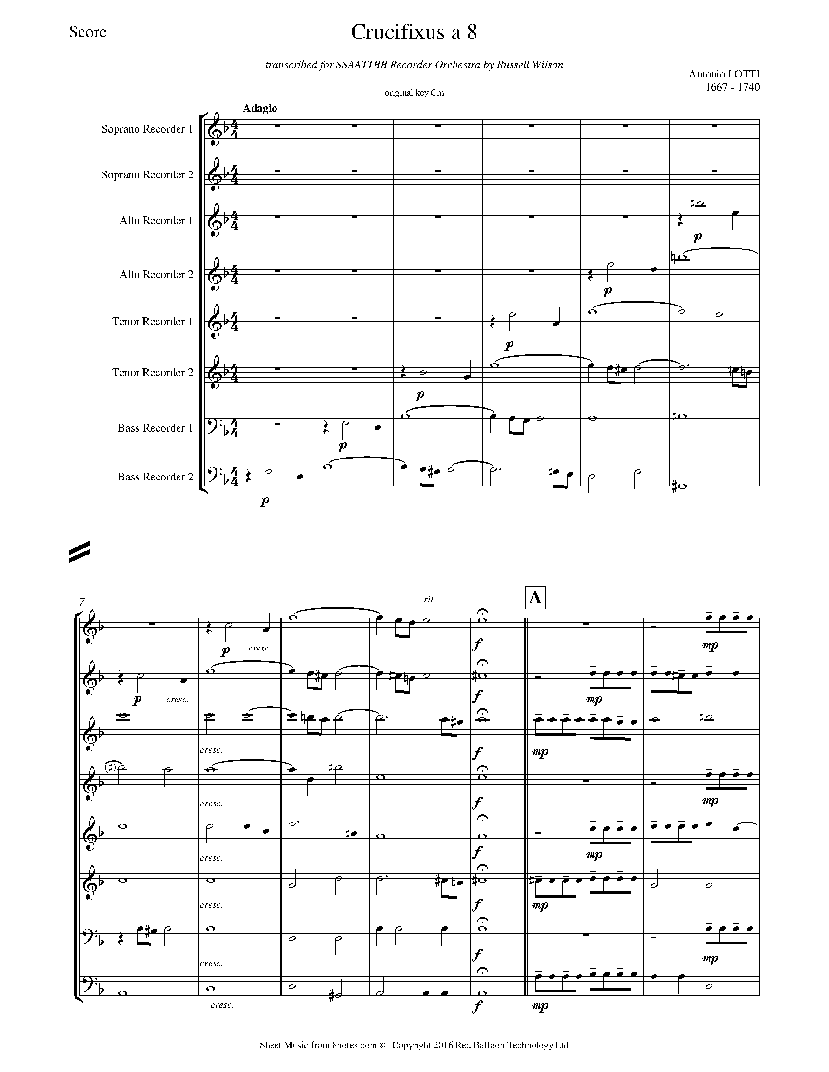 Lotti - Crucifixus A 8 Sheet Music For Recorder Ensemble - 8notes.com