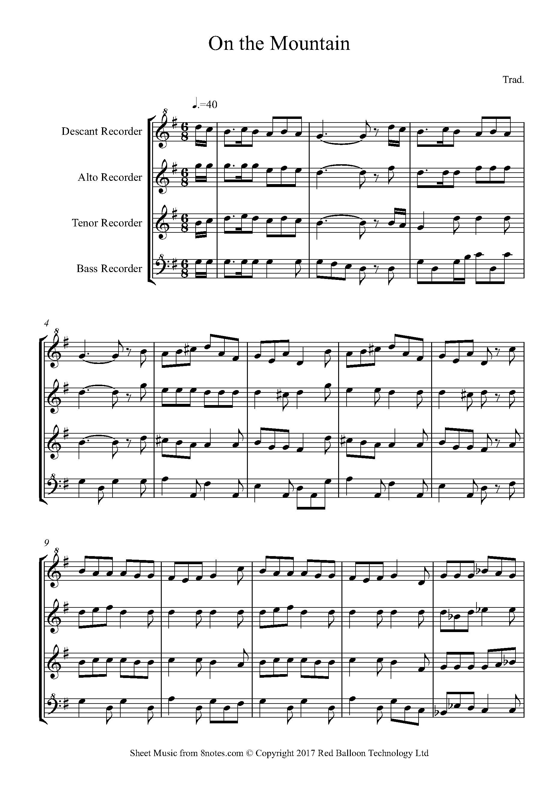 On the Mountain Sheet music for Recorder Quartet - 8notes.com