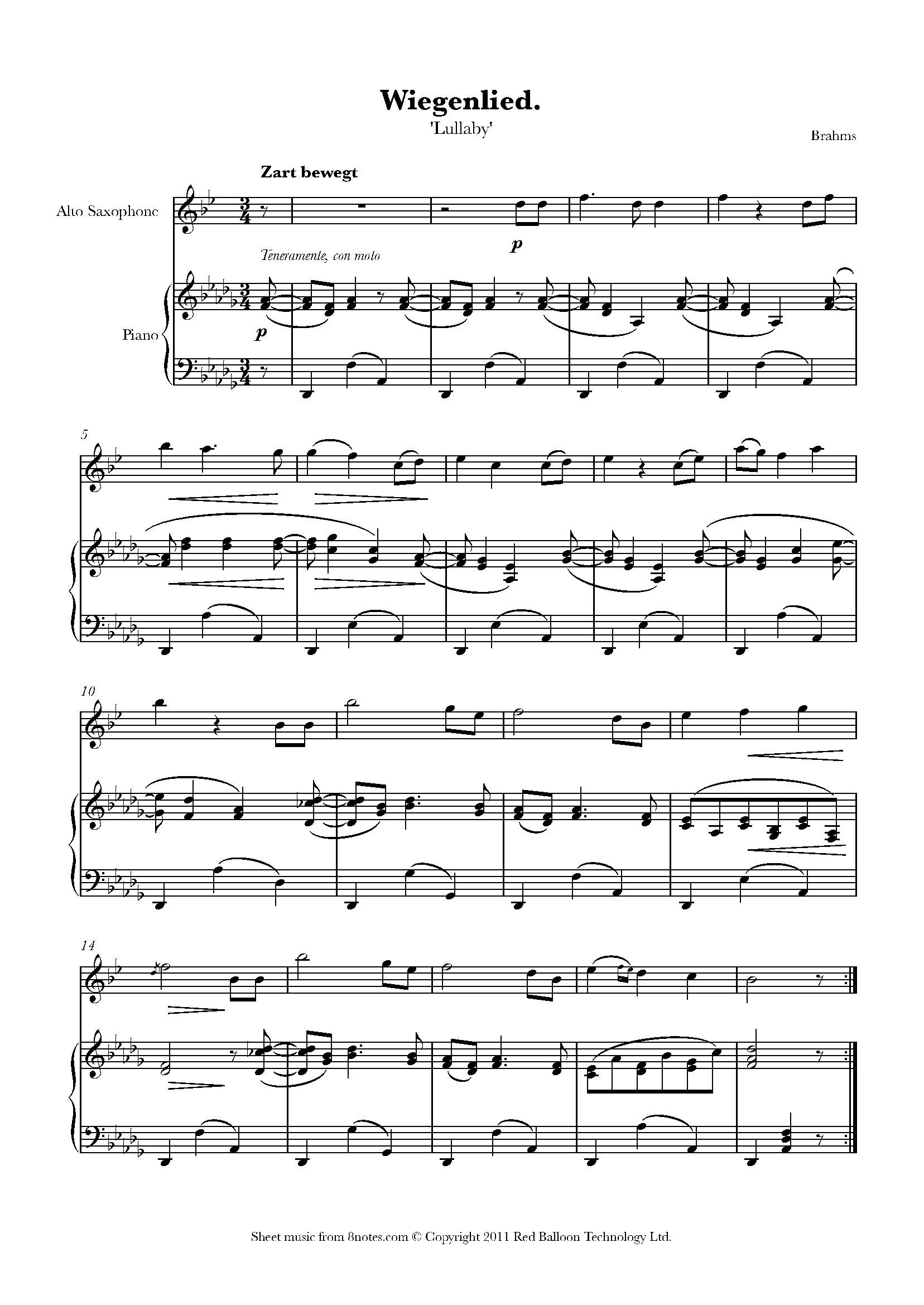 Brahms - Lullaby (Wiegenlied) Sheet Music For Saxophone - 8notes.com