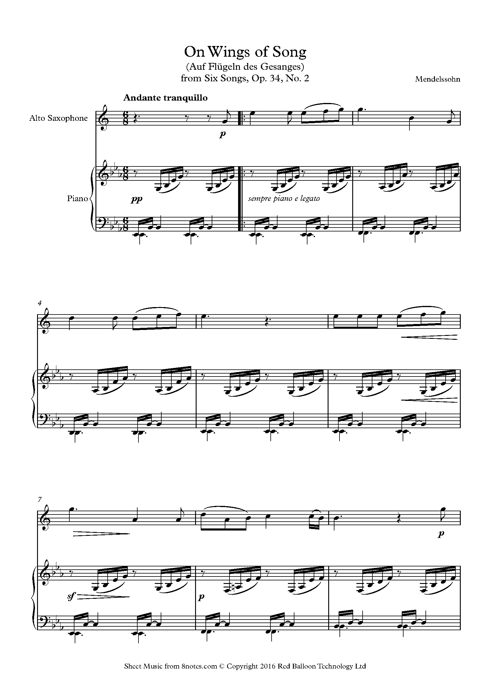 Mendelssohn On Wings Of Song Auf Flugeln Des Gesanges From Six Songs Op 34 No 2 Sheet Music For Saxophone 8notes Com