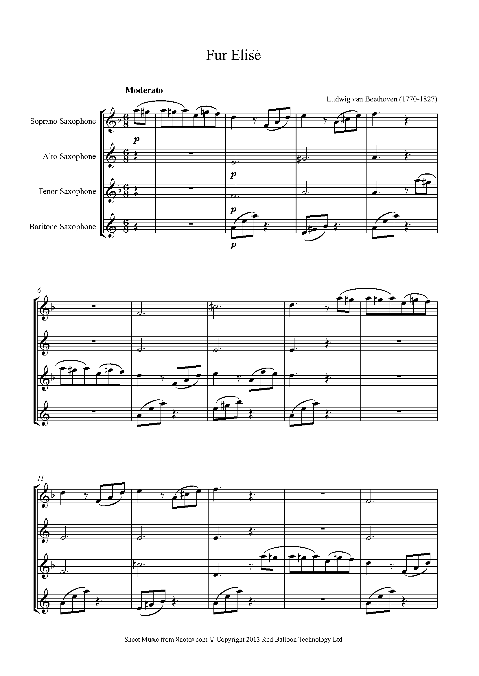 Beethoven - Fur Elise Sheet music for Saxophone Quartet - 8notes.com