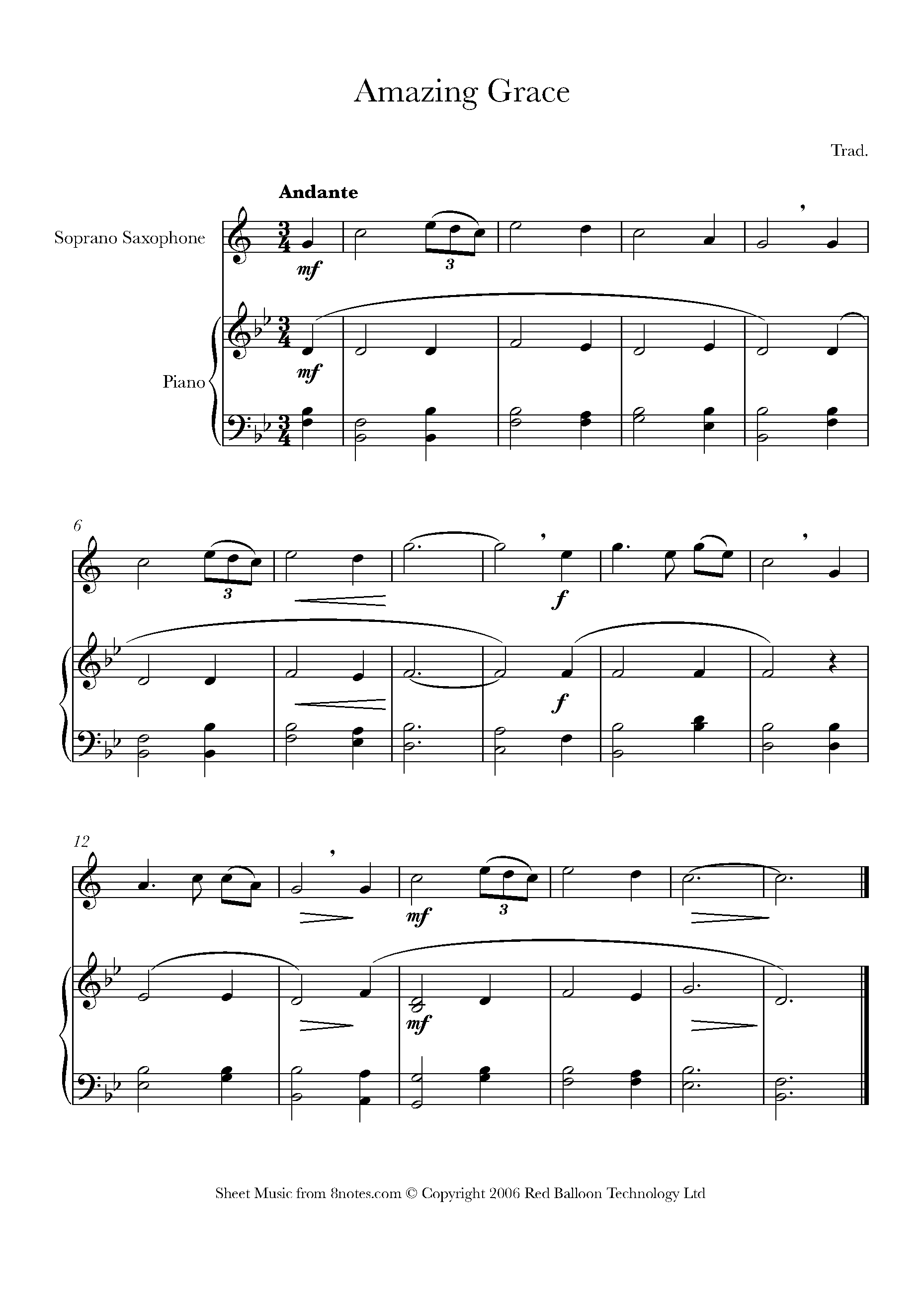 Amazing Grace Sheet music for Soprano Saxophone - 8notes.com