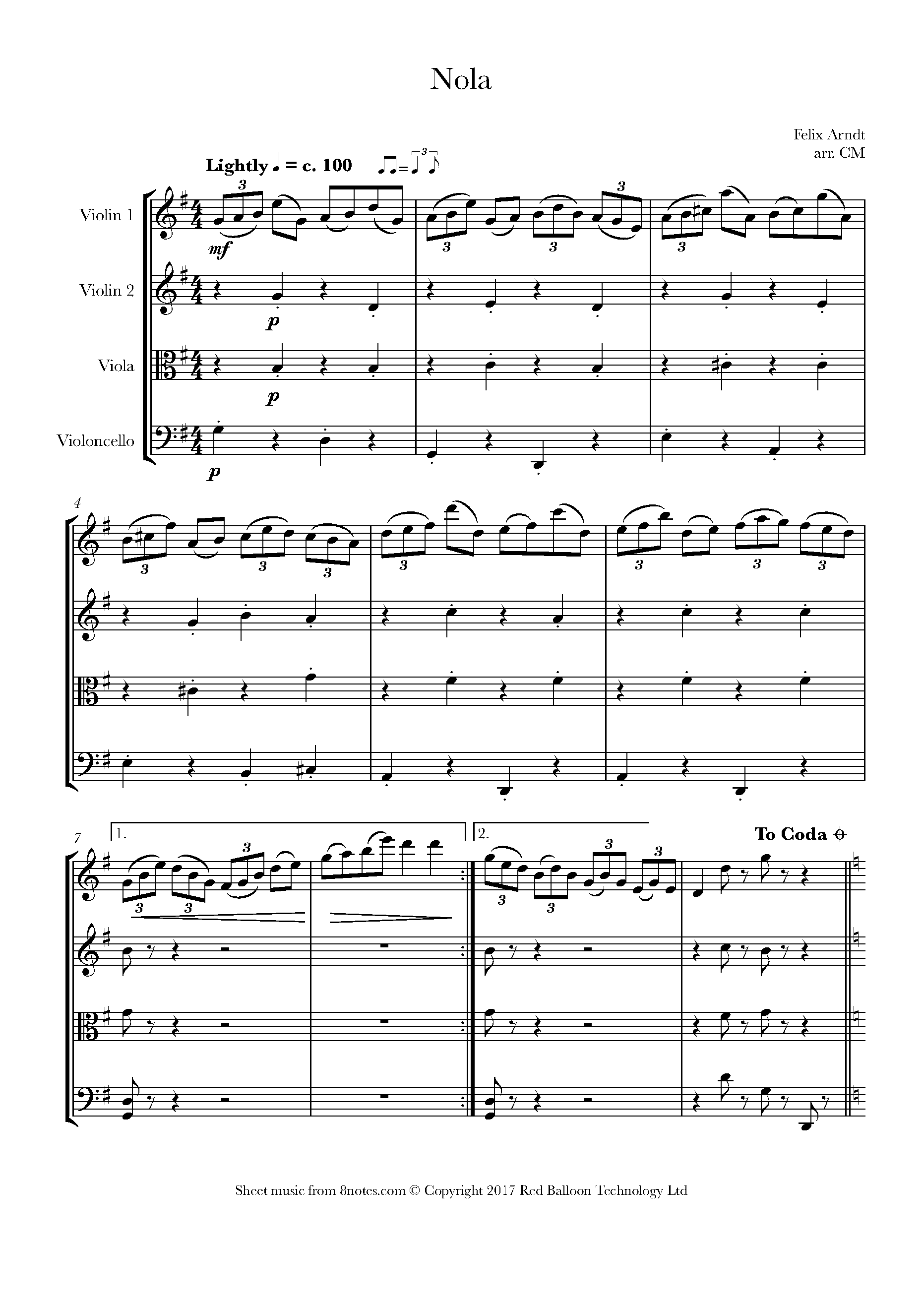 Felix Arndt - Nola Sheet music for String Quartet - 8notes.com