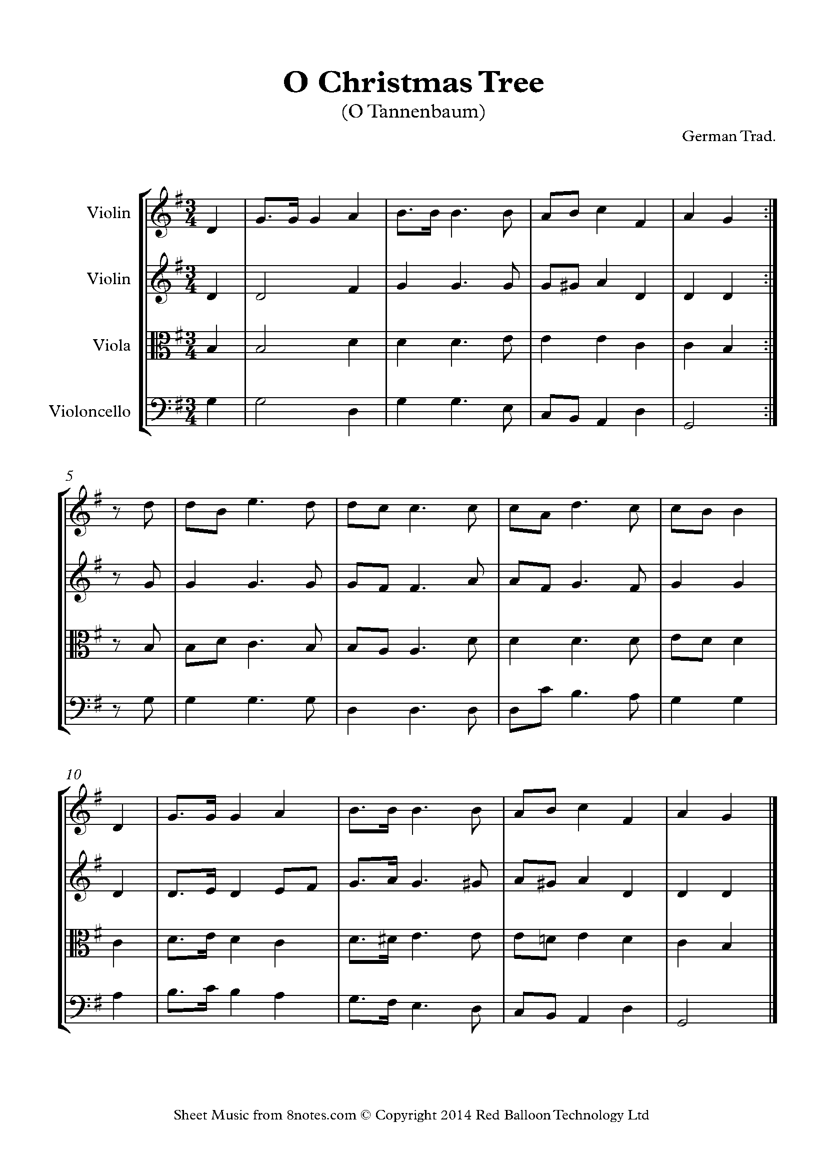 O Christmas Tree (O Tannenbaum) Sheet music for String Quartet - 8notes.com