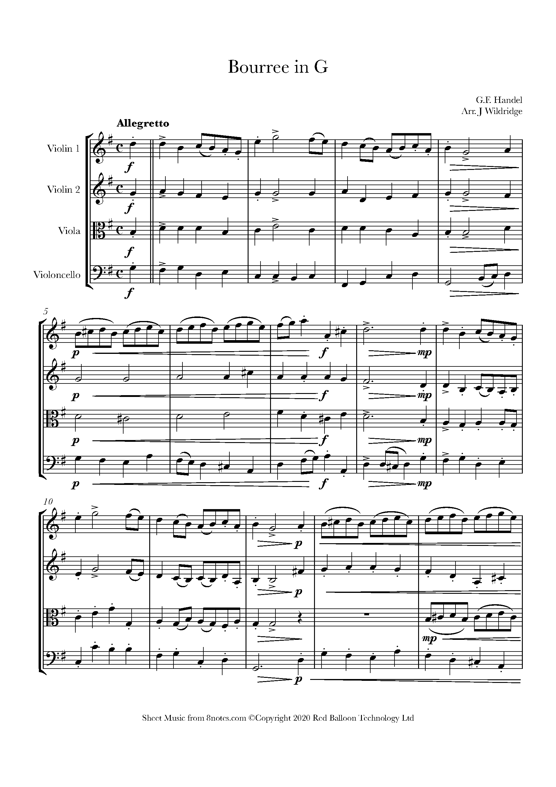 Handel - Bourree in G Sheet music for String Quartet - 8notes.com