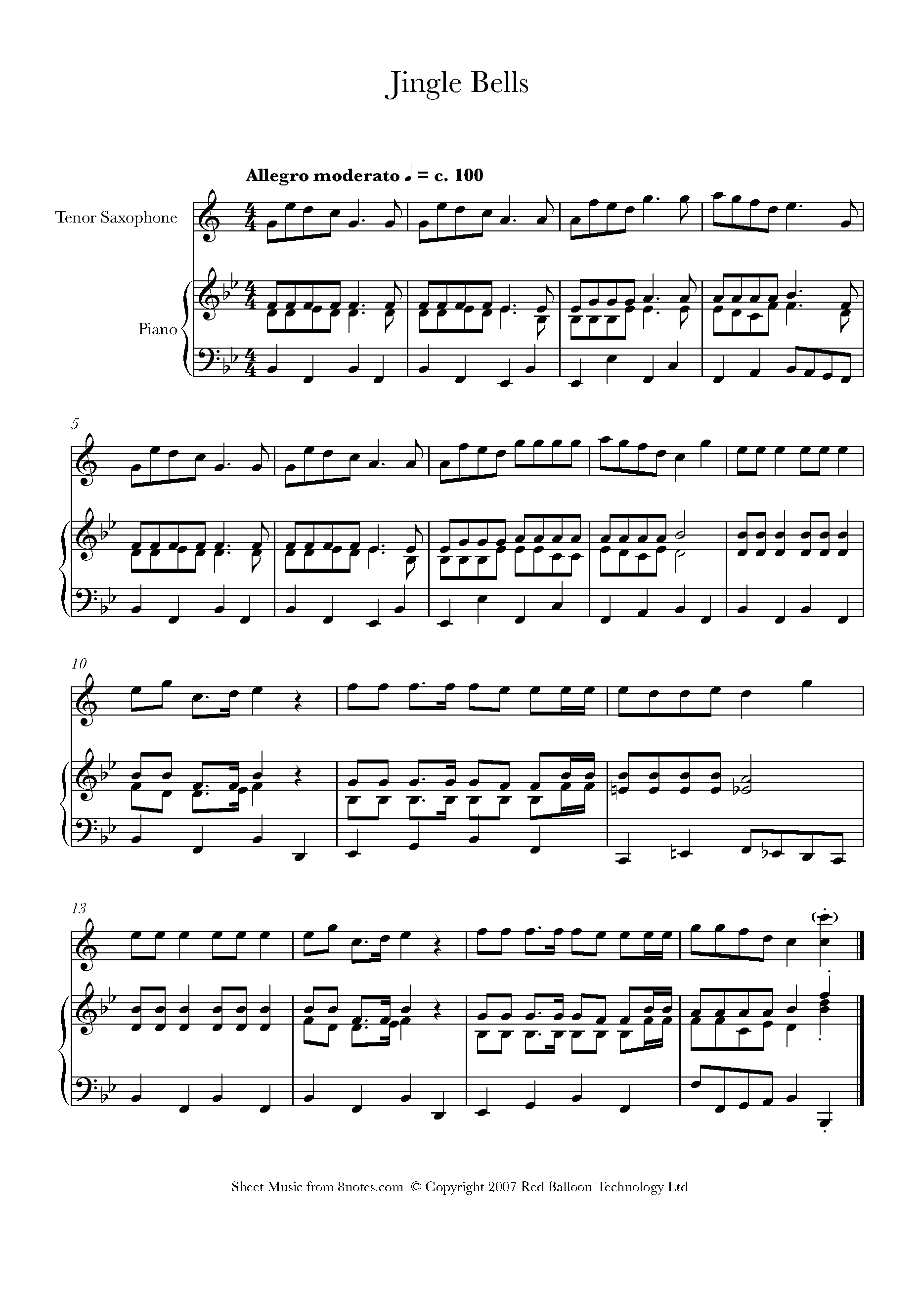 Jingle Bells Sheet Music For Tenor Saxophone - 8notes.com