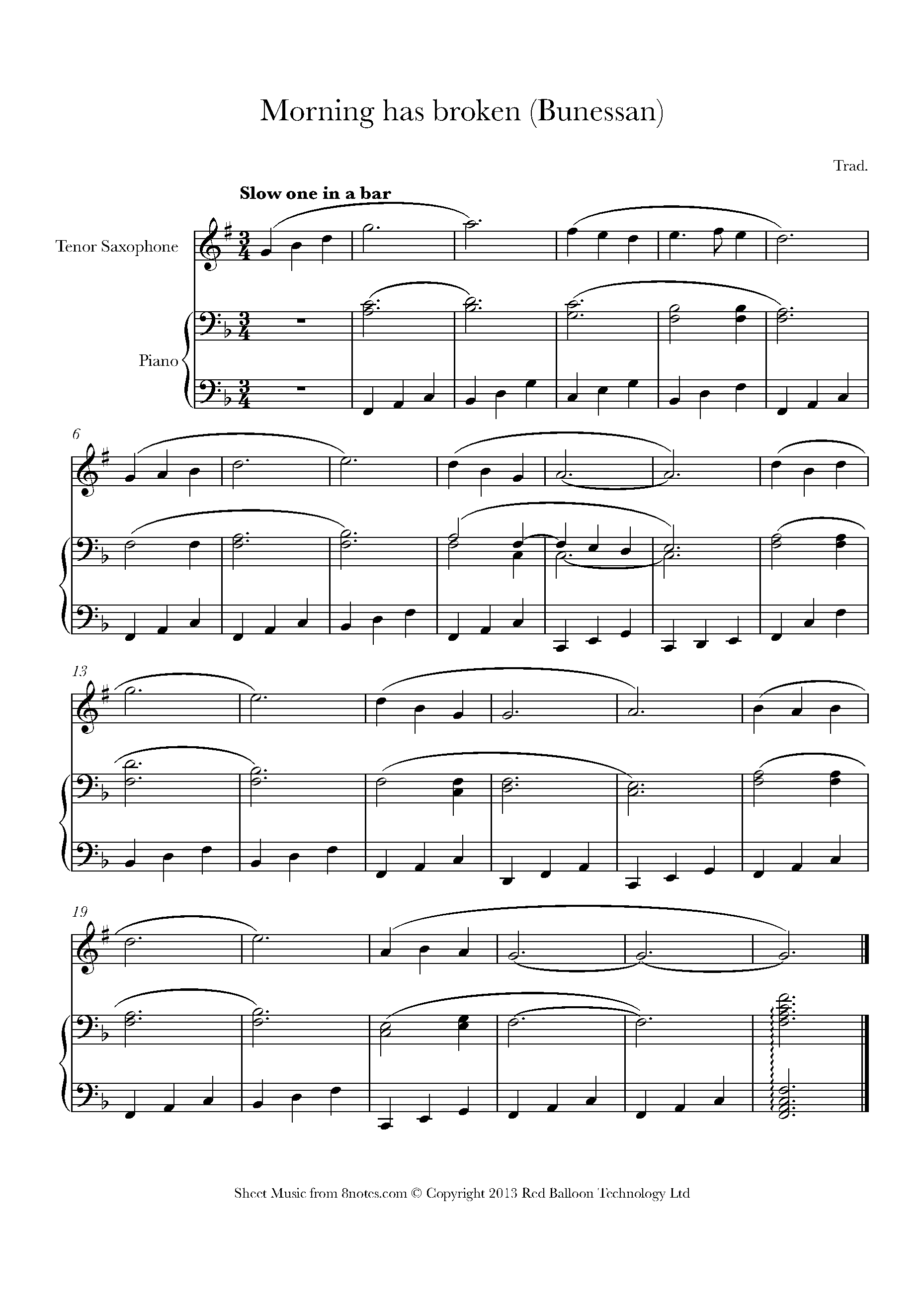 Morning Has Broken Bunessan Sheet Music For Tenor Saxophone 