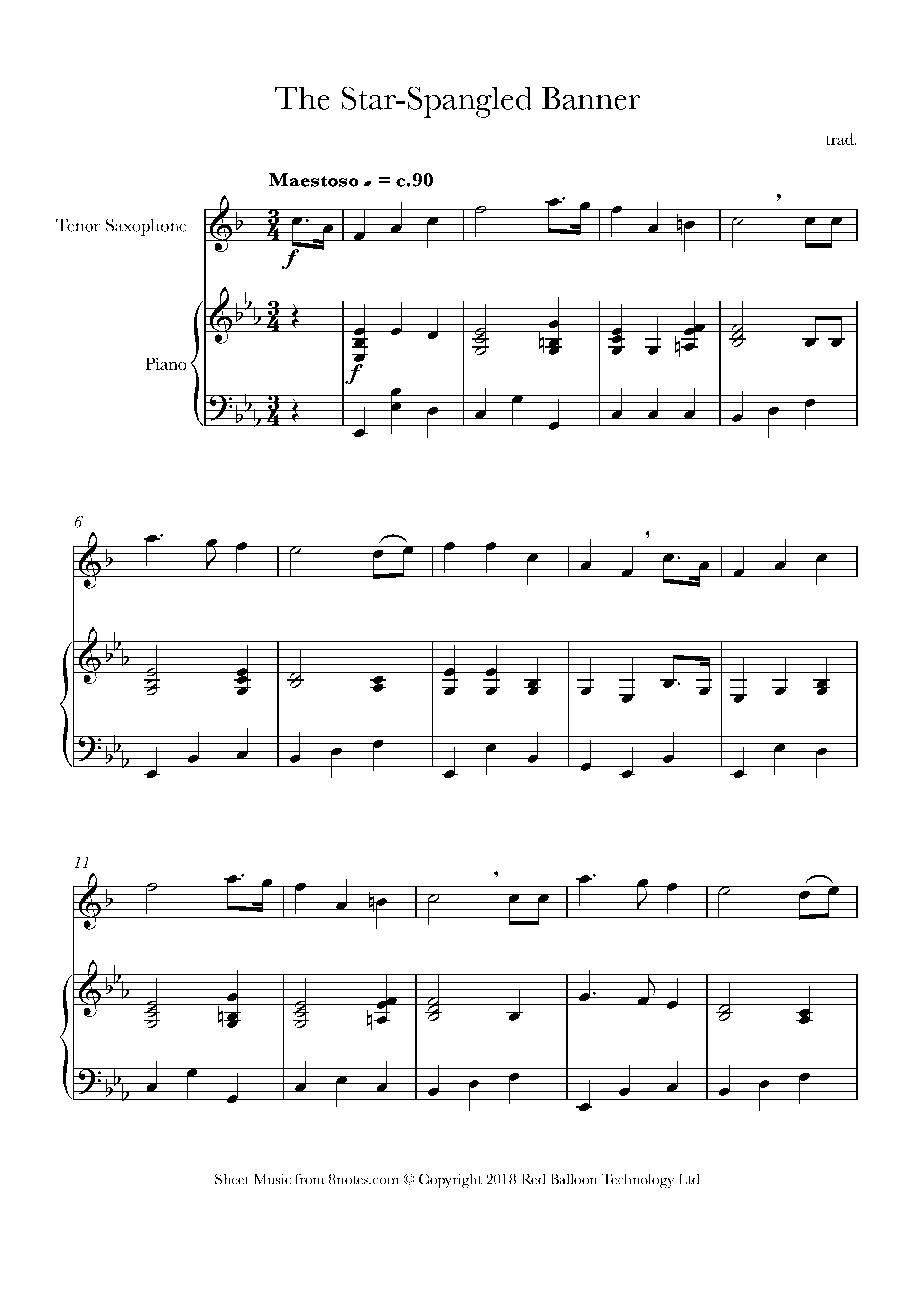 The Star Spangled Banner Sheet music for Tenor Saxophone - 8notes.com