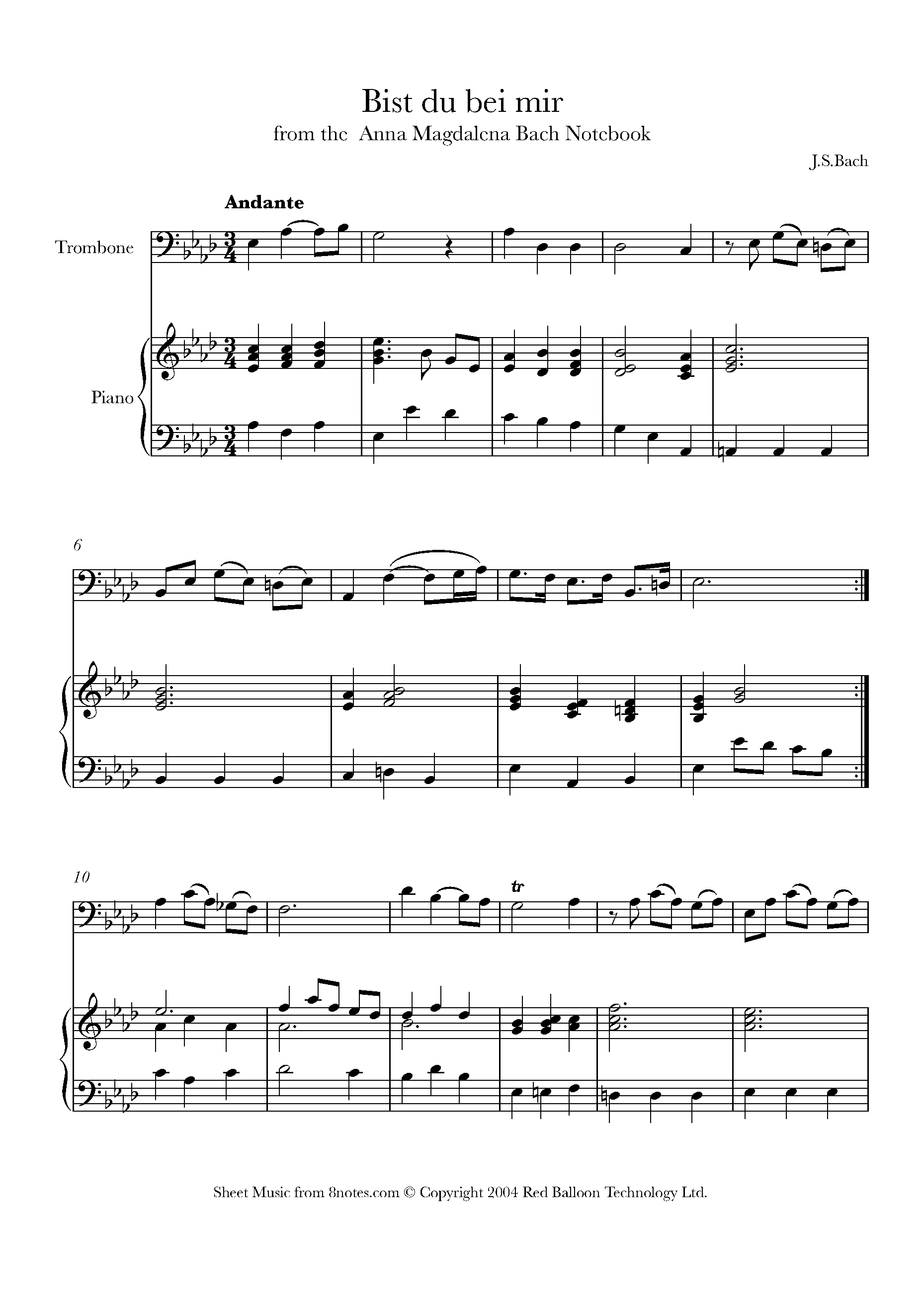 Bach - Bist Du Bei Mir Sheet Music For Trombone - 8notes.com