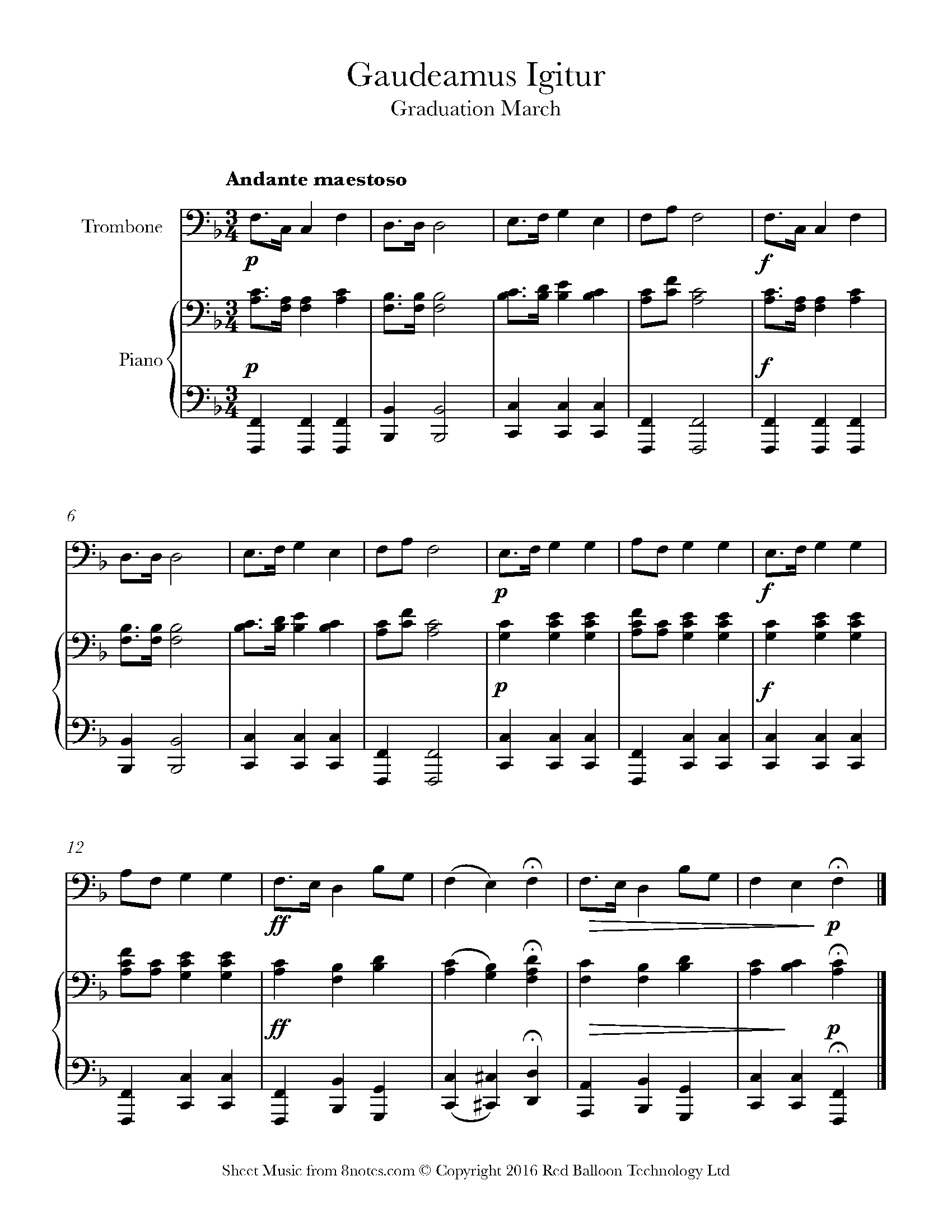 Gaudeamus Igitur (Graduation March) Sheet Music For Trombone - 8notes.com