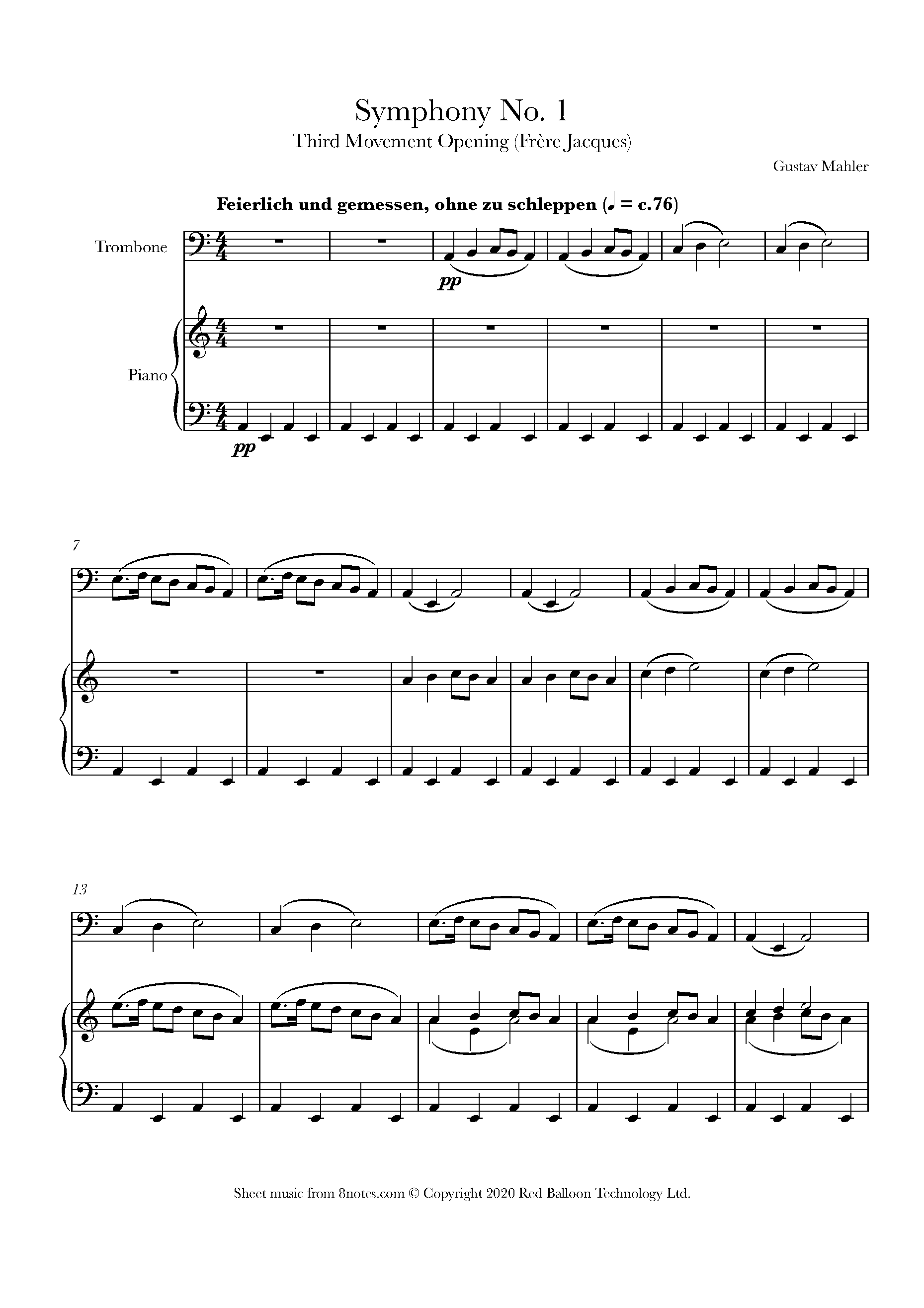 Mahler Third Movement Opening Frere Jacques From Symphony No 1 Sheet Music For Trombone 8notes Com