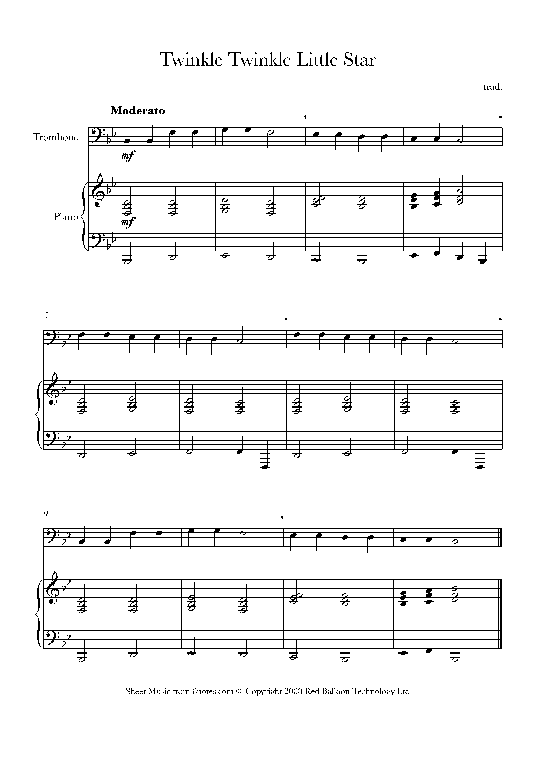 Twinkle Twinkle Little Star Sheet music for Trombone - 8notes.com