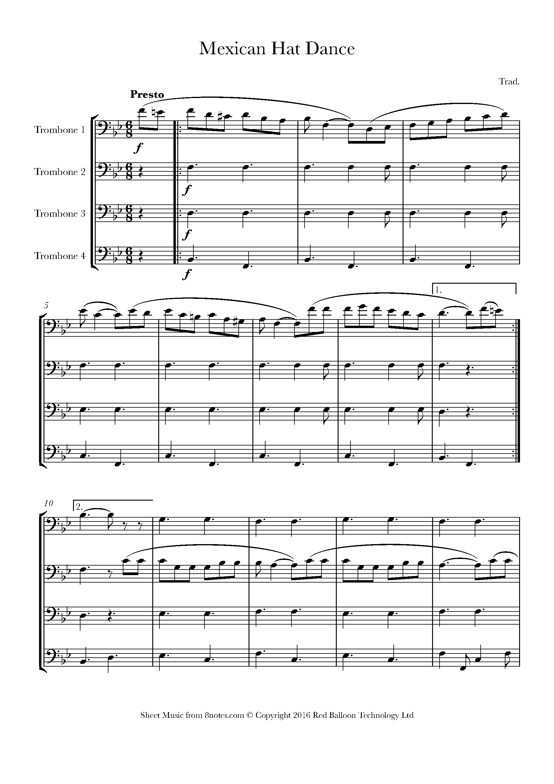 Mexican Hat Dance (Mexico) Sheet music for Trombone Quartet - 8notes.com