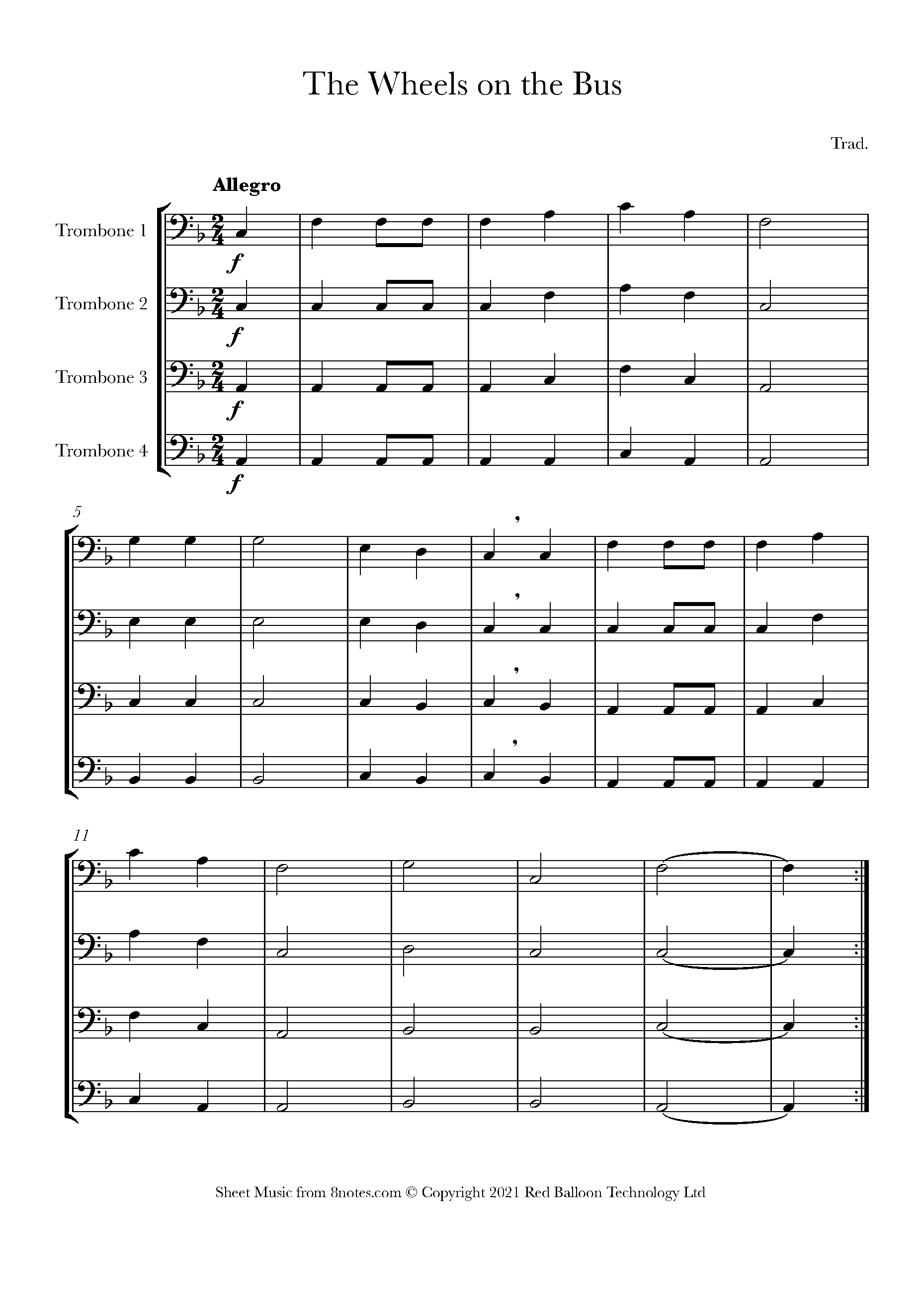 The Wheels on the Bus Sheet music for Trombone Quartet - 8notes.com