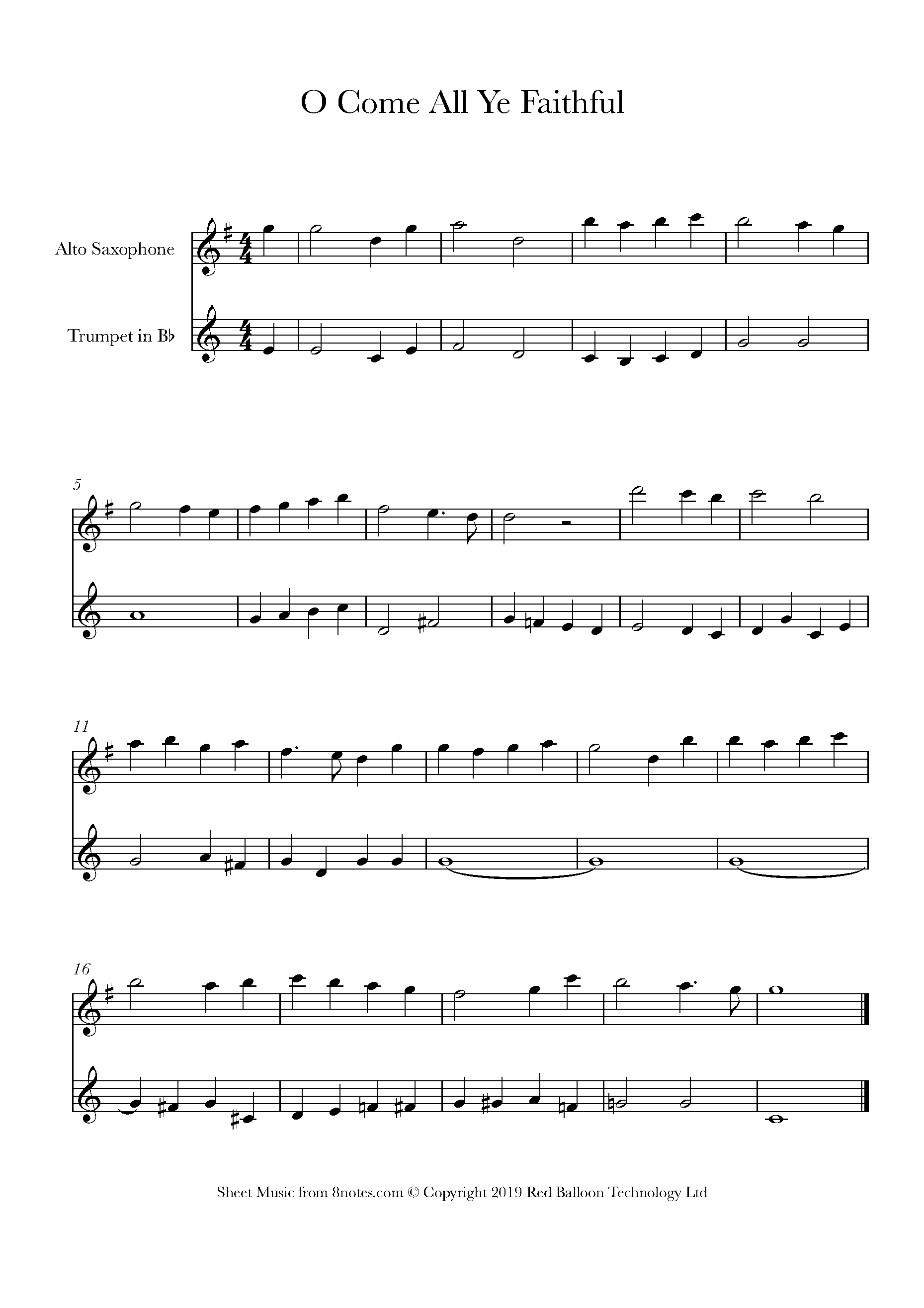 O Come All Ye Faithful Sheet music for Trumpet-Saxophone Duet - 8notes.com