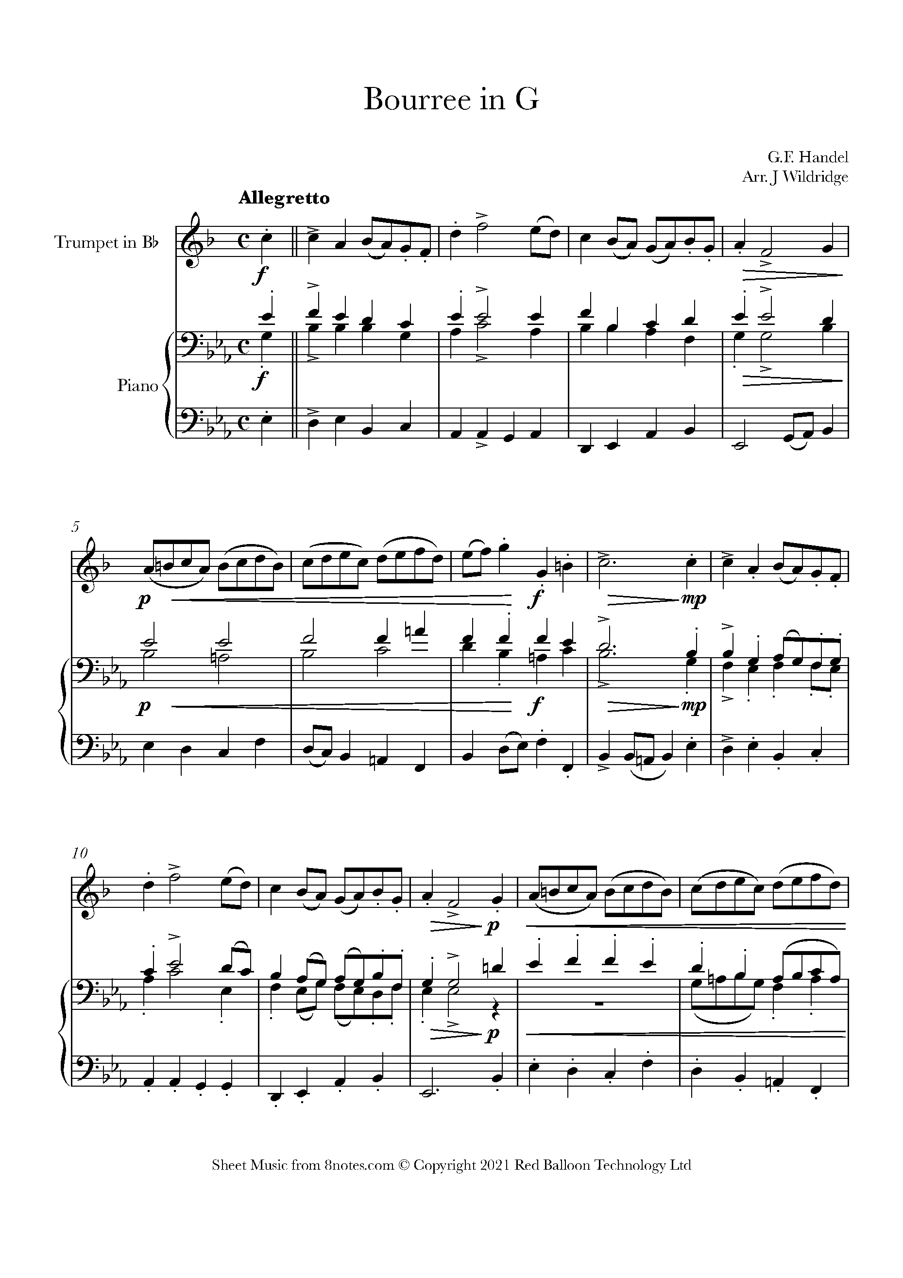 Handel - Bourree in G Sheet music for Trumpet - 8notes.com