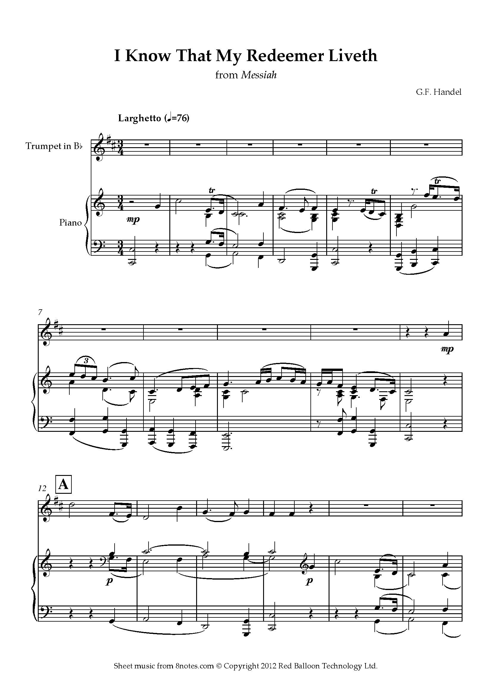 Handel - I Know That My Redeemer Liveth From Messiah Sheet Music For ...