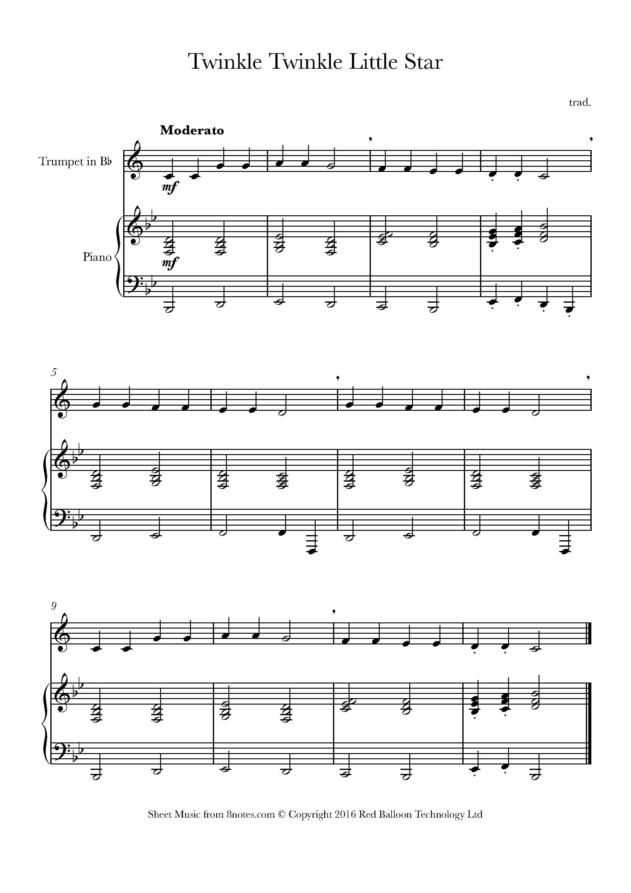 Twinkle Twinkle Little Star Sheet music for Trumpet - 8notes.com