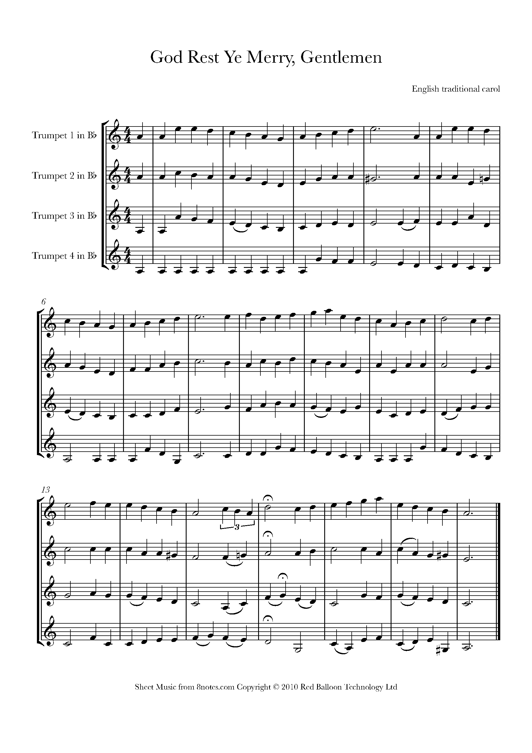 God Rest Ye Merry Gentlemen Sheet Music For Trumpet Quartet - 8notes.com