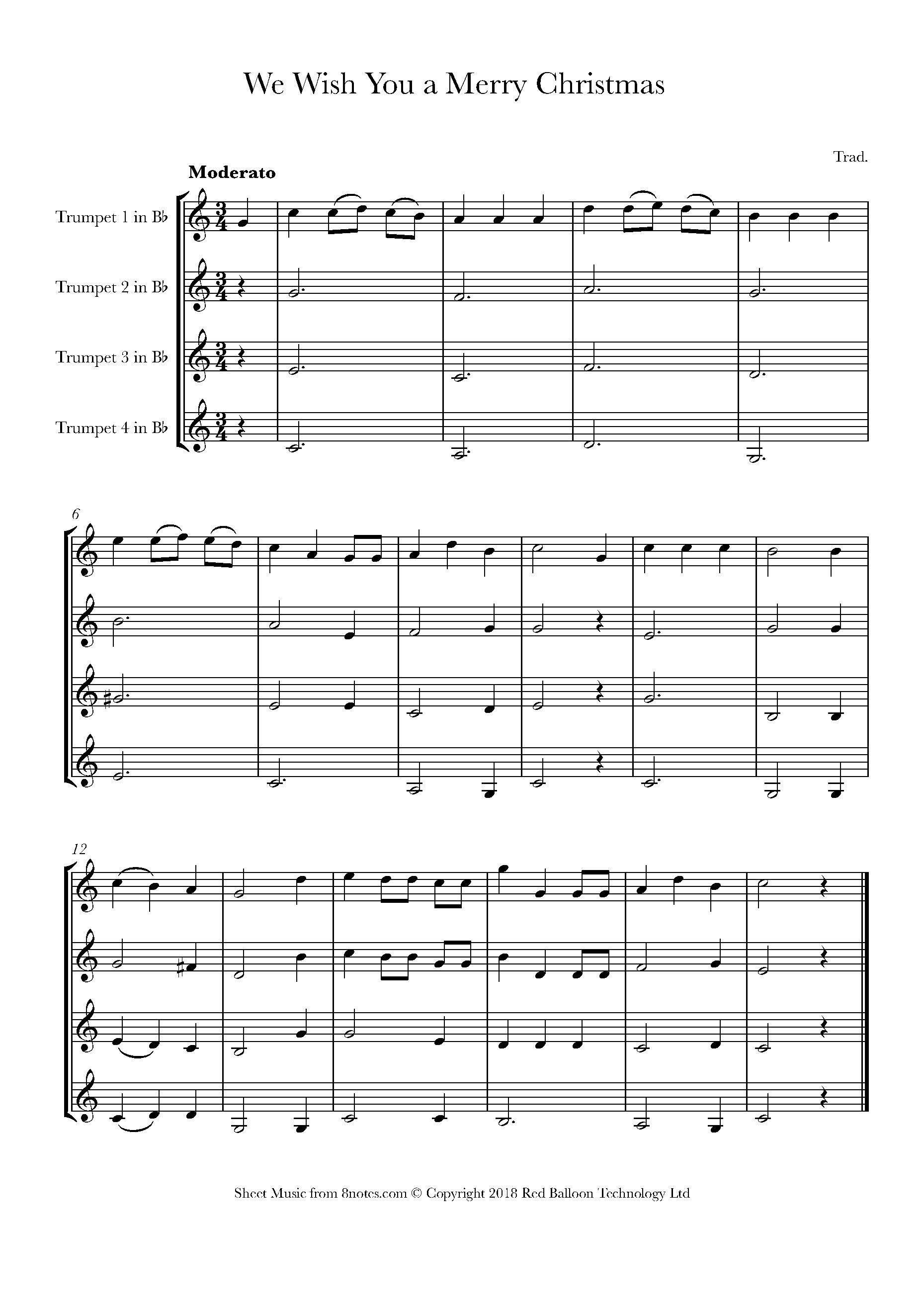 We Wish you a Merry Christmas Sheet music for Trumpet Quartet - 8notes.com