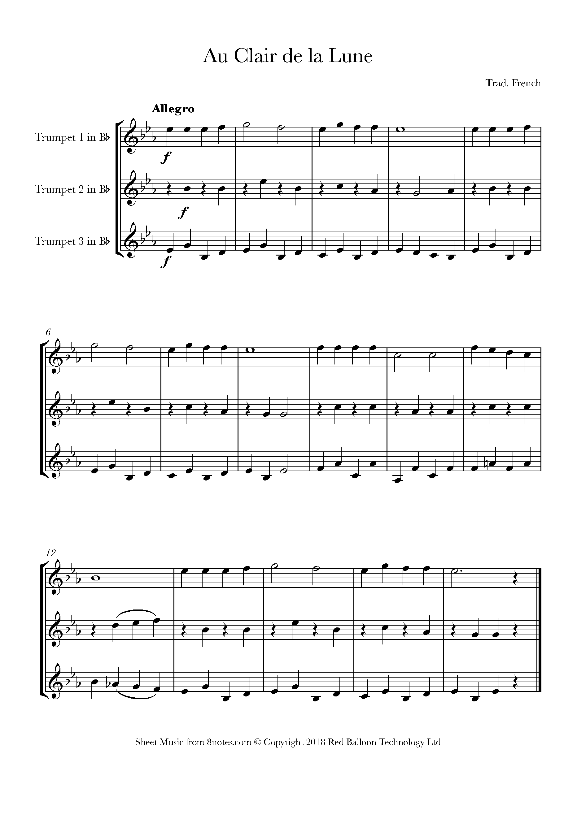 Au claire de la lune Sheet music for Trumpet Trio - 8notes.com