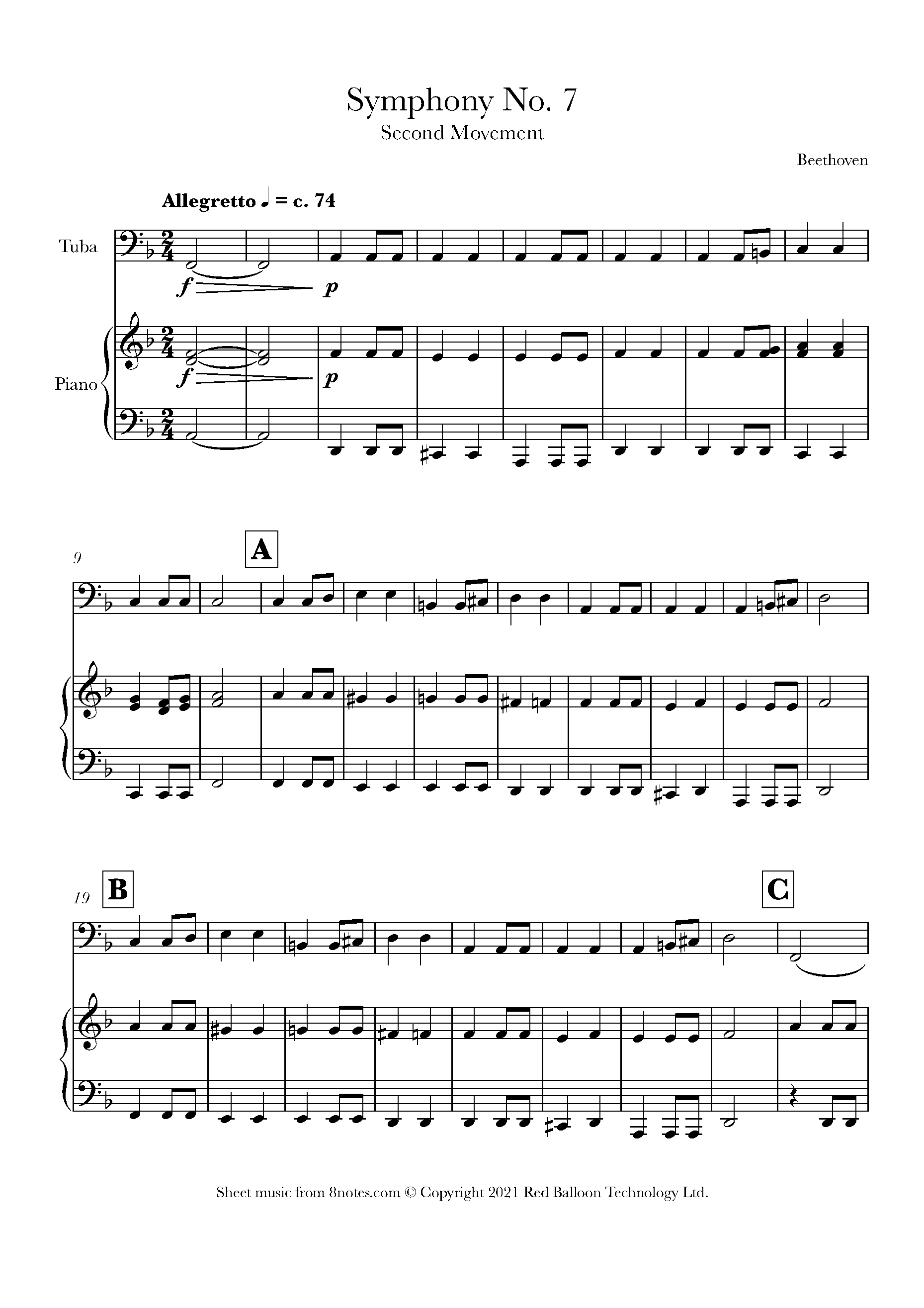 Beethoven - 7th Symphony 2nd Mvt Theme Sheet Music For Tuba - 8notes.com