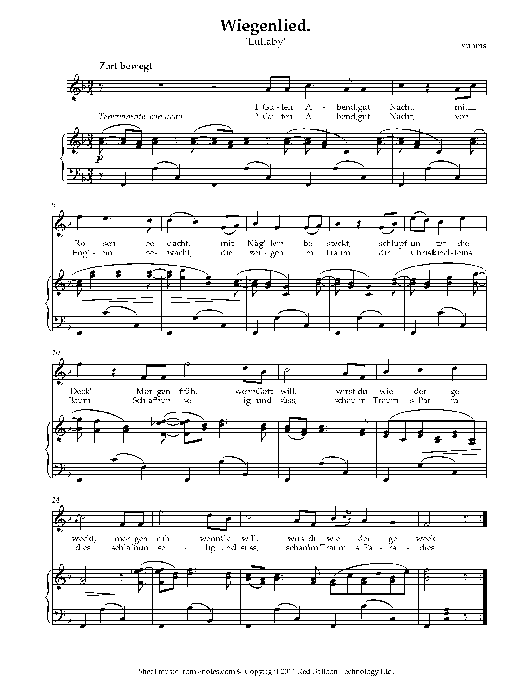 Brahms - Wiegenlied (lullaby) Sheet Music For Unison Choir - 8notes.com