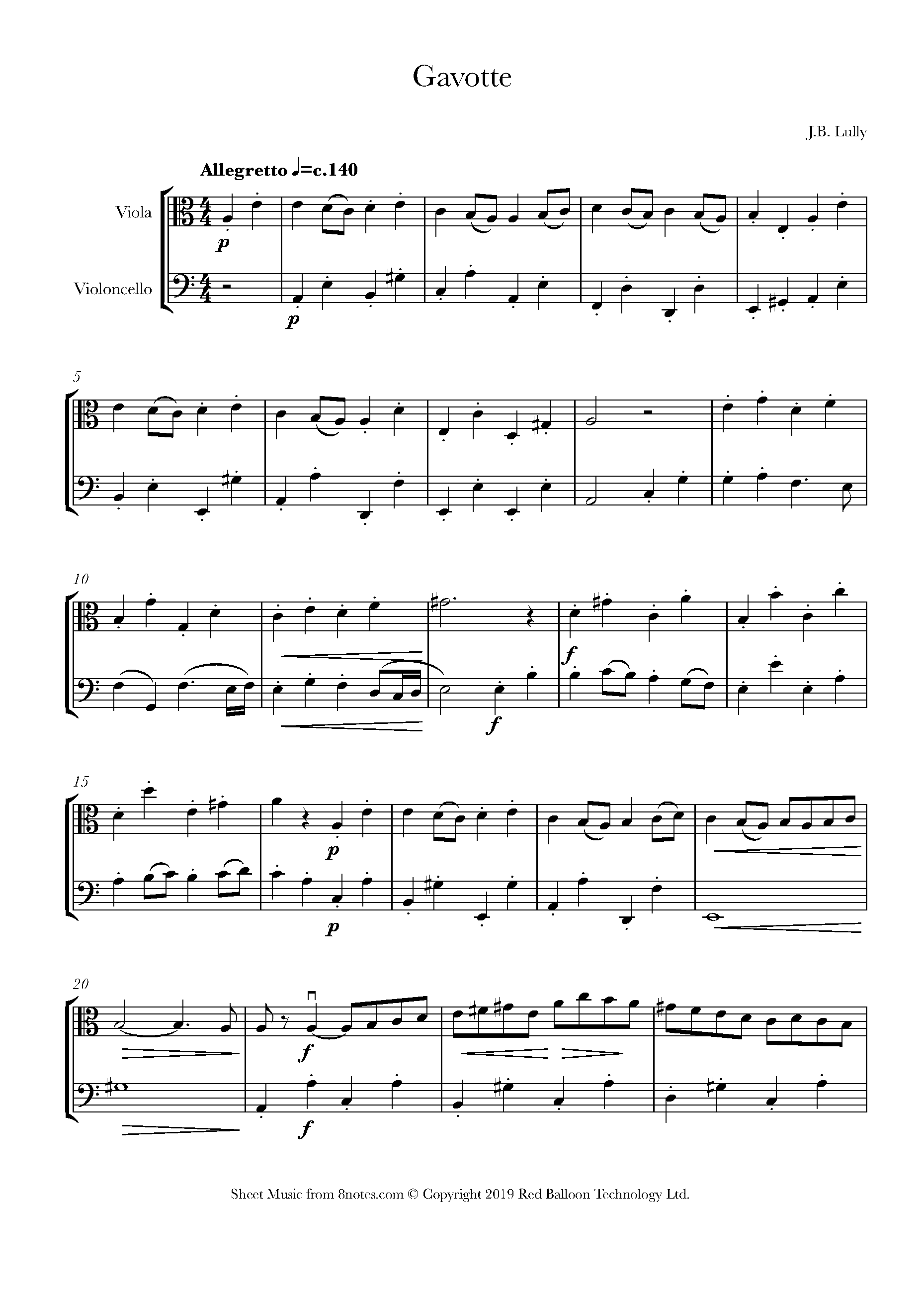 Lully - Gavotte Sheet music for Viola-Cello Duet - 8notes.com