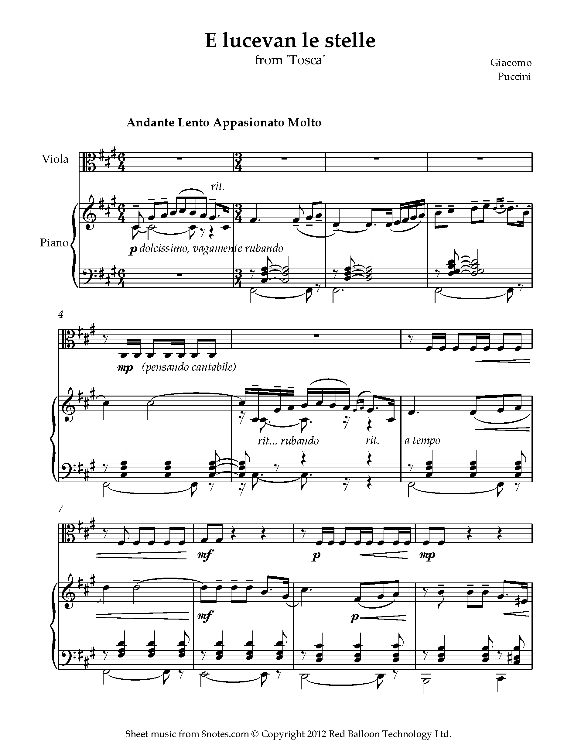 Puccini - E Lucevan Le Stelle From Tosca Sheet Music For Viola - 8notes.com