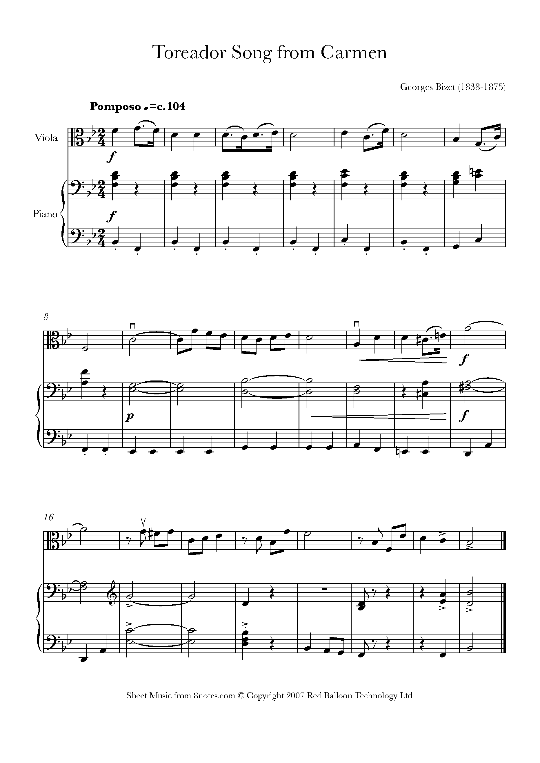 Bizet - Toreador Song From Carmen Sheet Music For Viola - 8notes.com