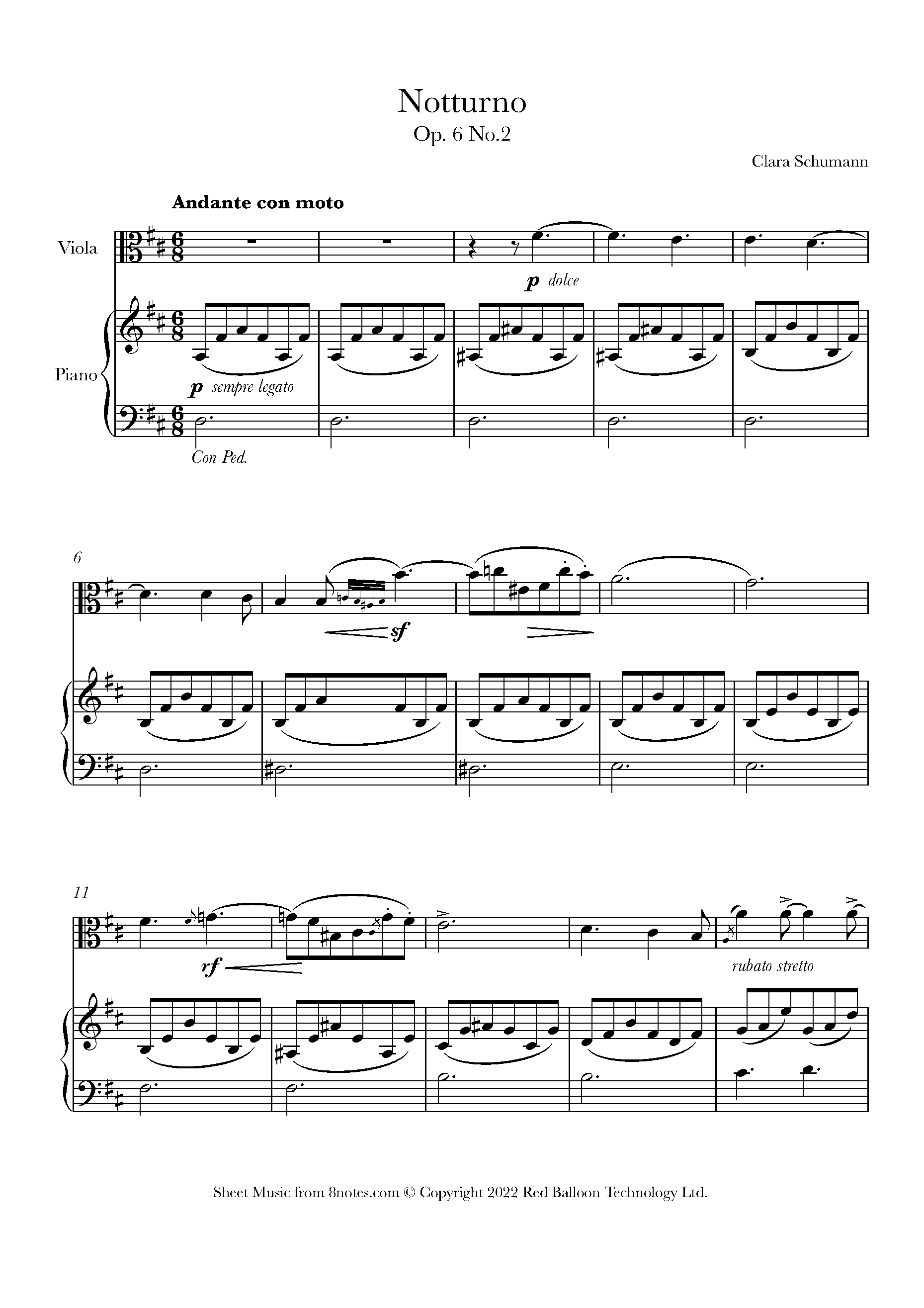 Schumann - Notturno Op.6 No.2 Sheet music for Viola - 8notes.com