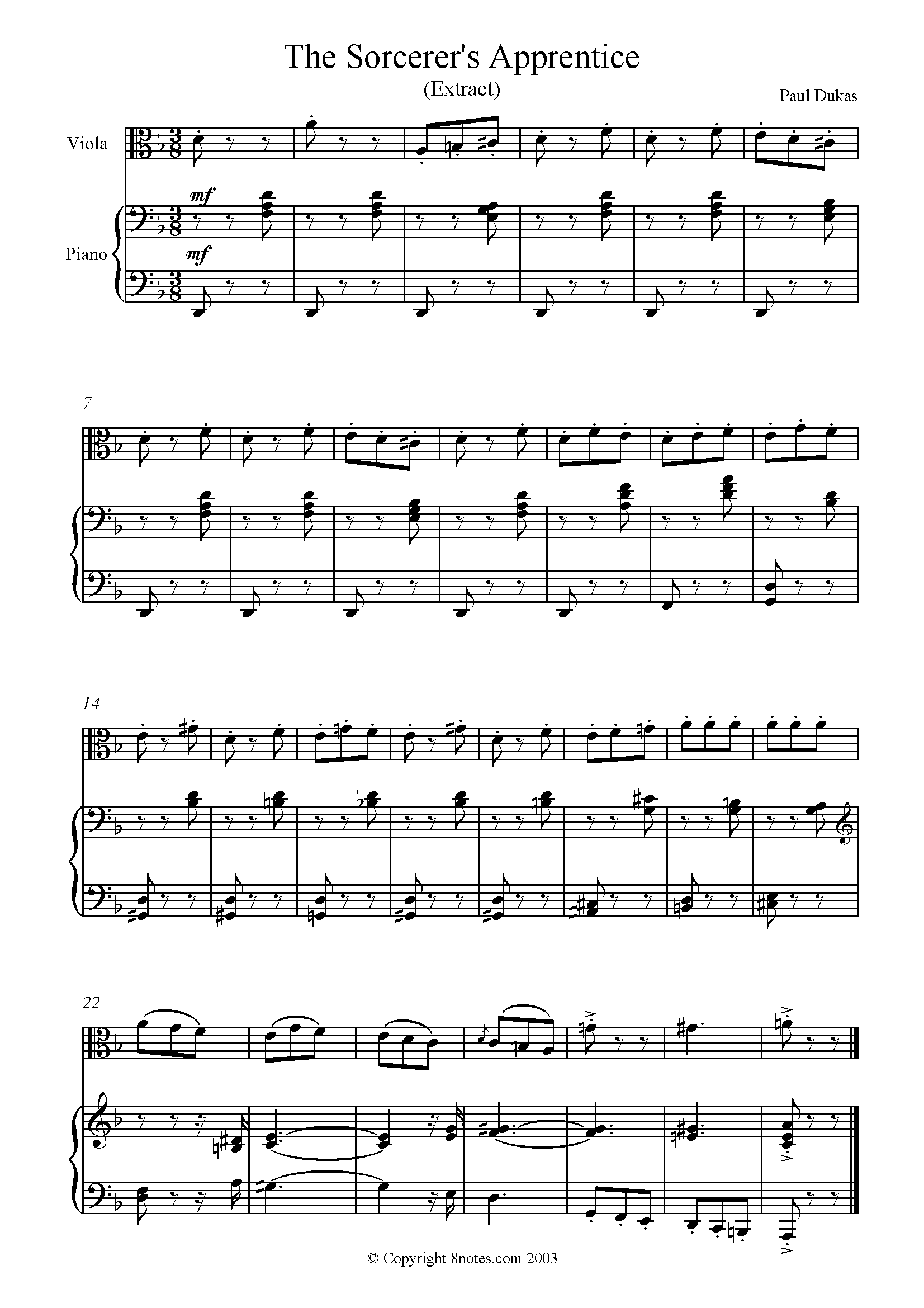 Dukas - The Sorcerers Apprentice Sheet music for Viola - 8notes.com