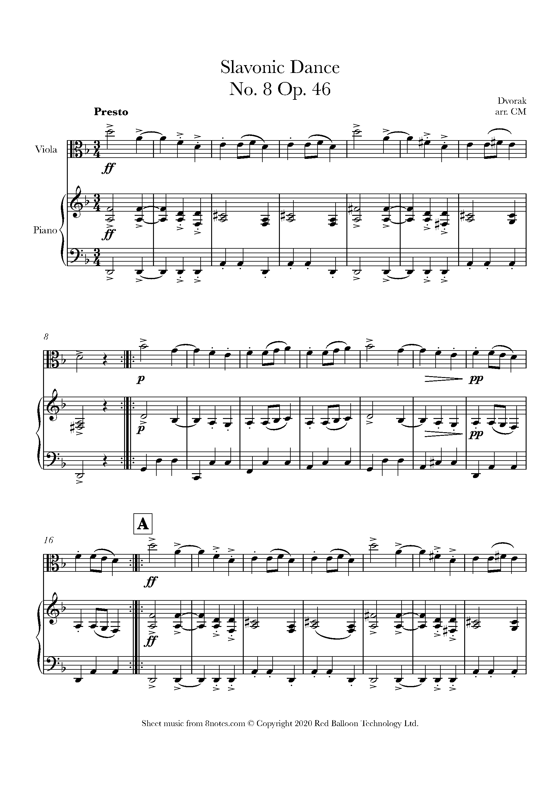 ﻿Dvořák - Slavonic Dance No. 8 Op. 46 Sheet music for Viola - 8notes.com